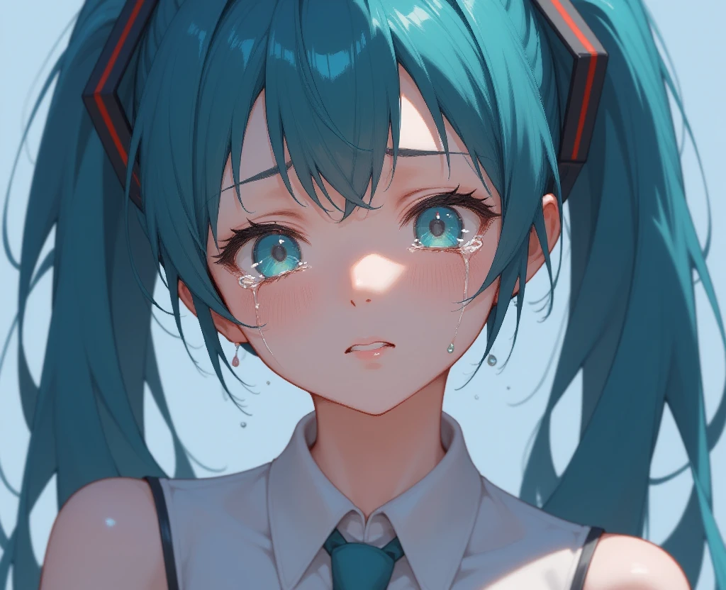 A girl is crying with tears. Drawn in cartoon, Hatsune Miku, anime style, unreal, upper body,
<lora:crying_with_tears_flux_v2.safetensors:1>, 