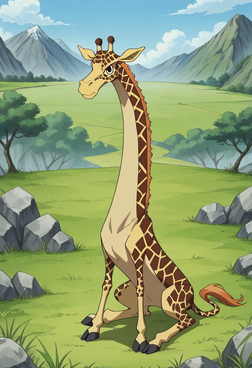 score_9, score_8_up, score_7_up, source_anime, rating_safe, KakuiOP, black Kakui eyes, long Kakui nose, 1furry_male, male focus, pokemon (creature), anime screencap, giraffe body, on all fours, outdoors savannah, landscape, scenery