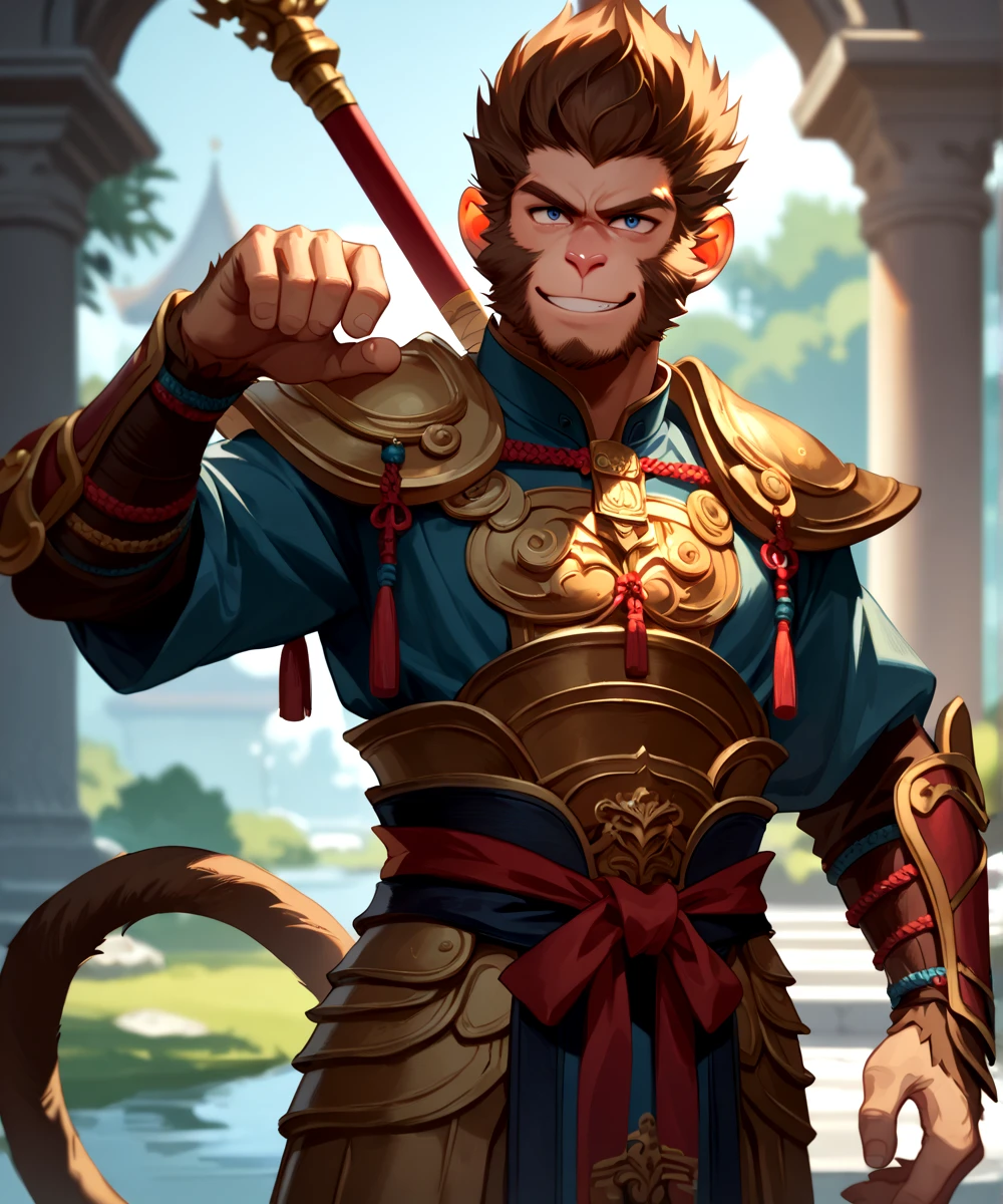 score_9, score_8_up, score_7_up,
<lora:Wukong_(Black_Myth_Wukong)_(Pony)_(AD):1> Wukong, Black Myth Wukong, monkey, monkey king,
8K, In'ei, hiaroscuro, depth of field, rim lighting, masterclass color theory, depth of field, clear_eyes,
perfect hands, perfect proportions, 
brash smile, alluring eyes, hero, flawless, benchmark of manly perfection, intricately detailed anime style background, sexy, dashing, handsome, anime monkey face, smooth skin, fur, furry body, monkey face, monkey nose, mythical armor, noble and majestic, clever and playful, dynamic idle pose, ((cowboy shot, ):1.5), 
BREAK zPDXL, zPDXLxxx,