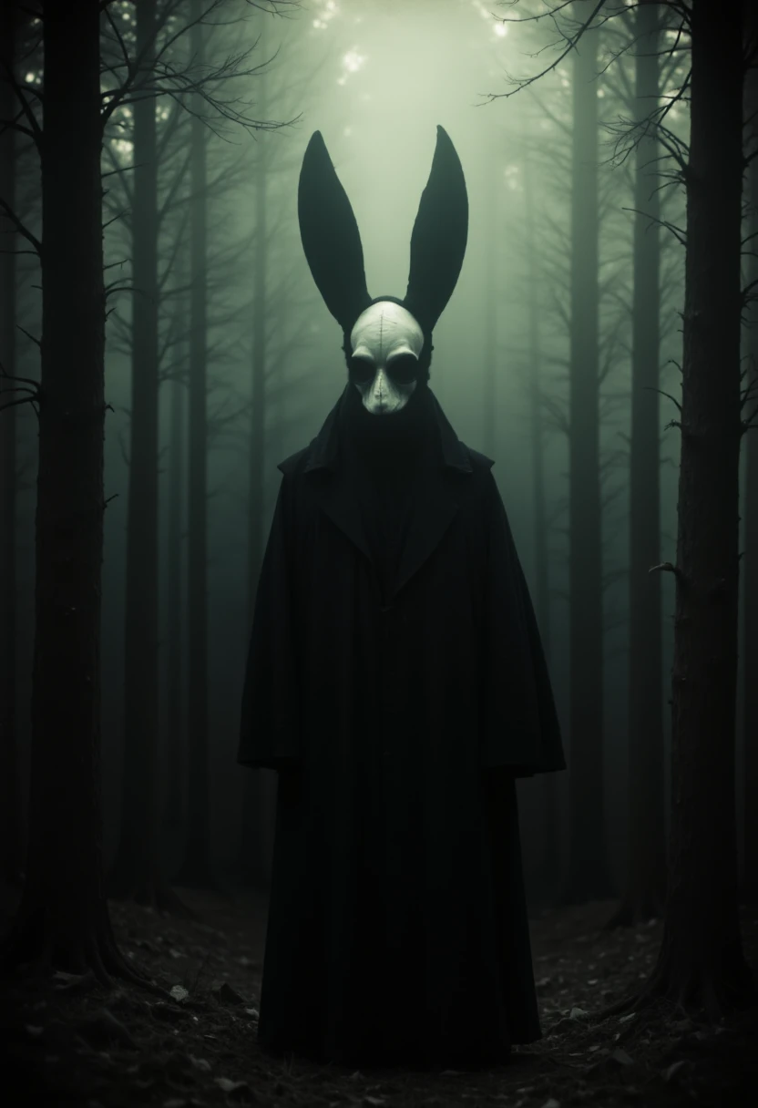 sinister, eerie, dark, shadow, distorted, grainy, film grain, Victorian, cultists, hooded, eerie, forest, rabbit head masks