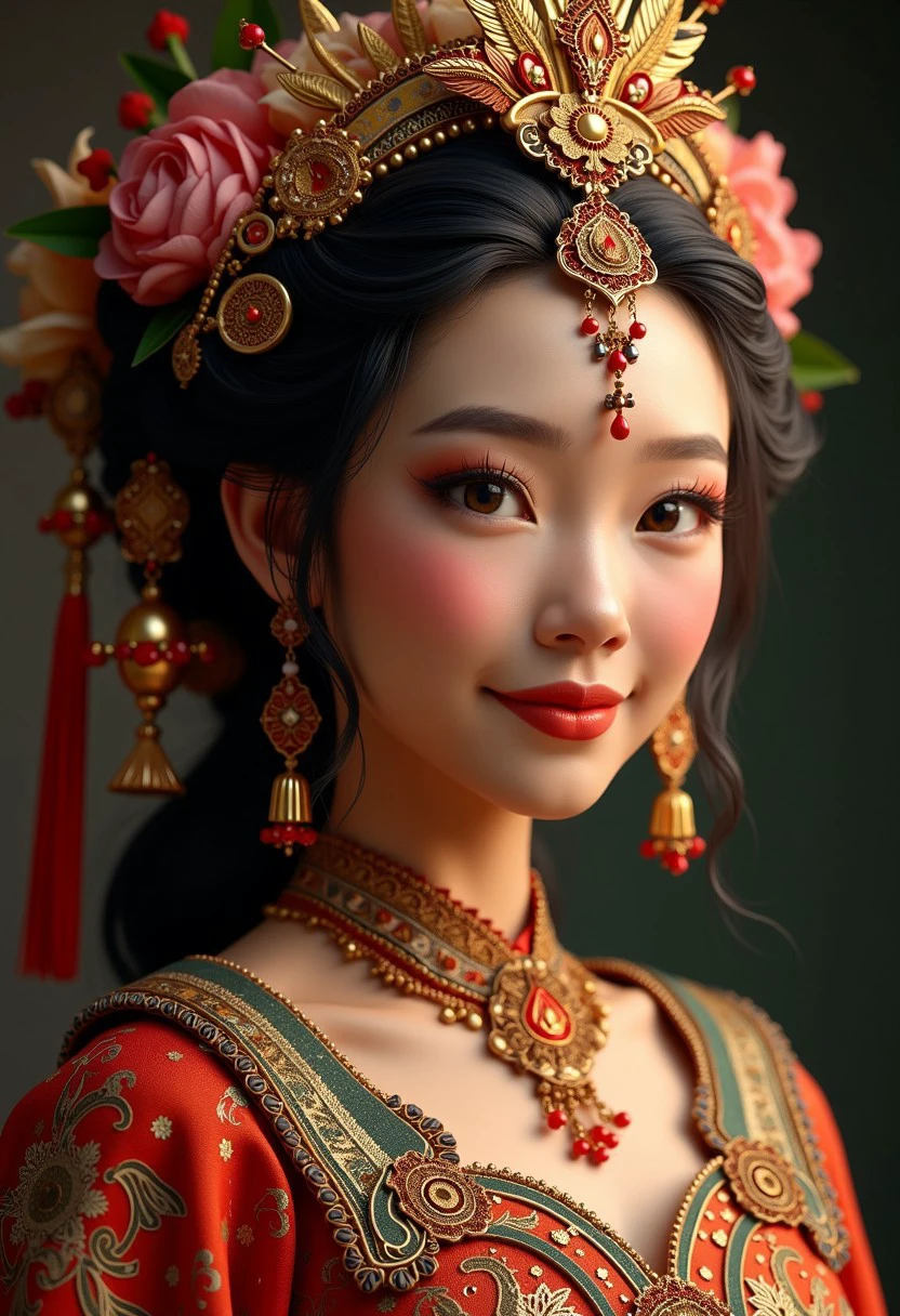 (high quality), (masterpiece), (detailed), 8K, Hyper-realistic portrait of (Indonesian maiden1.3) showcases intricate (traditional attire1.2) adorned with (delicate patterns1.2) and (vibrant colors1.2). (Intricate headdress1.2) frames her (heart-shaped face1.2), while ( expressive eyes1.3) sparkle with (warmth and kindness1.2). Soft, (golden light1.2) illuminates her (smooth skin1.2), accentuating (subtle facial features1.2). Trending on Artstation.