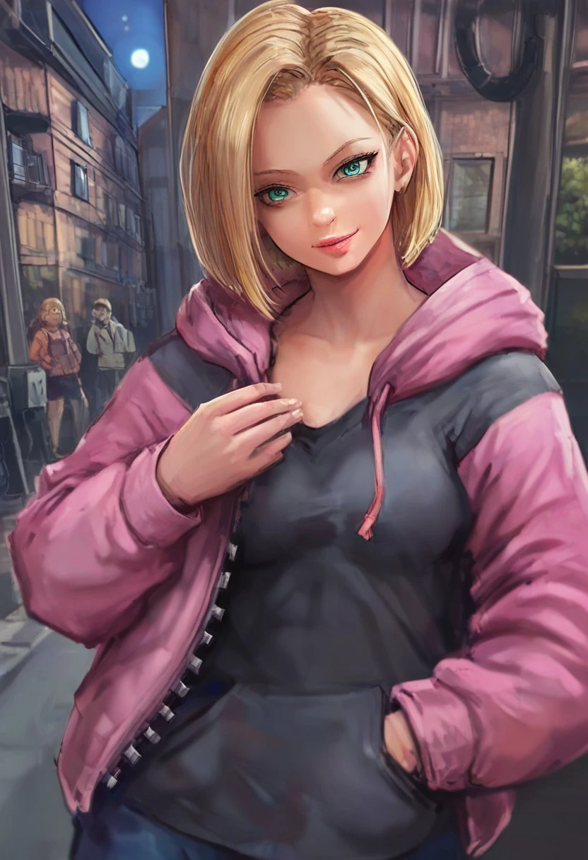 michemashu55 \(Artist\), miche \(Artist\), @michemashu55,michemashu55 \(Artist\), miche \(Artist\), @michemashu55, rating:safe, hood, blonde_hair, hands_in_pockets, city, hood_down, 1girl, looking_at_viewer, hoodie, short_hair, night, lips, hand_in_pocket, building, smile, blue_eyes, mask, solo_focus, breasts, outdoors, android_18, nose, sky, pink_lips, multiple_others, crowd, long_sleeves, standing, solo, aqua_eyes, green_eyes