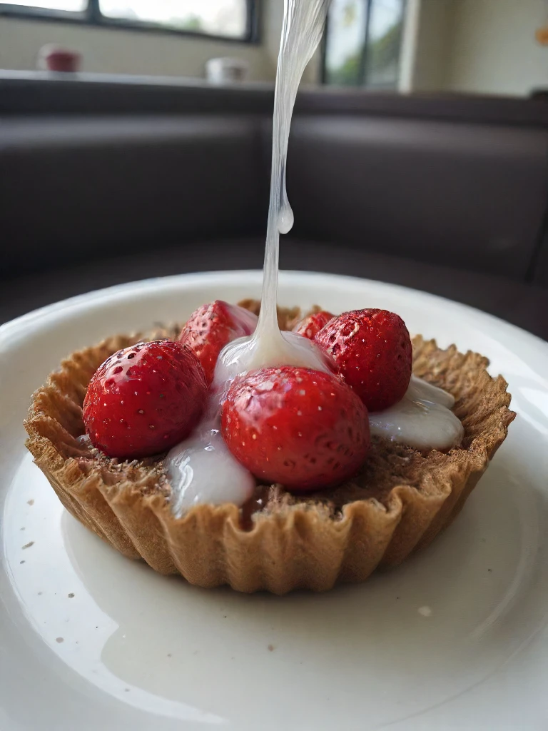 food focus, food porn, (cumonfood, cum, semen, cum on food, slimy liquid), <lora:Cum_on_Food_Pony> (cup cake, fruit, strawberries, dessert, on plate), restaurant interior