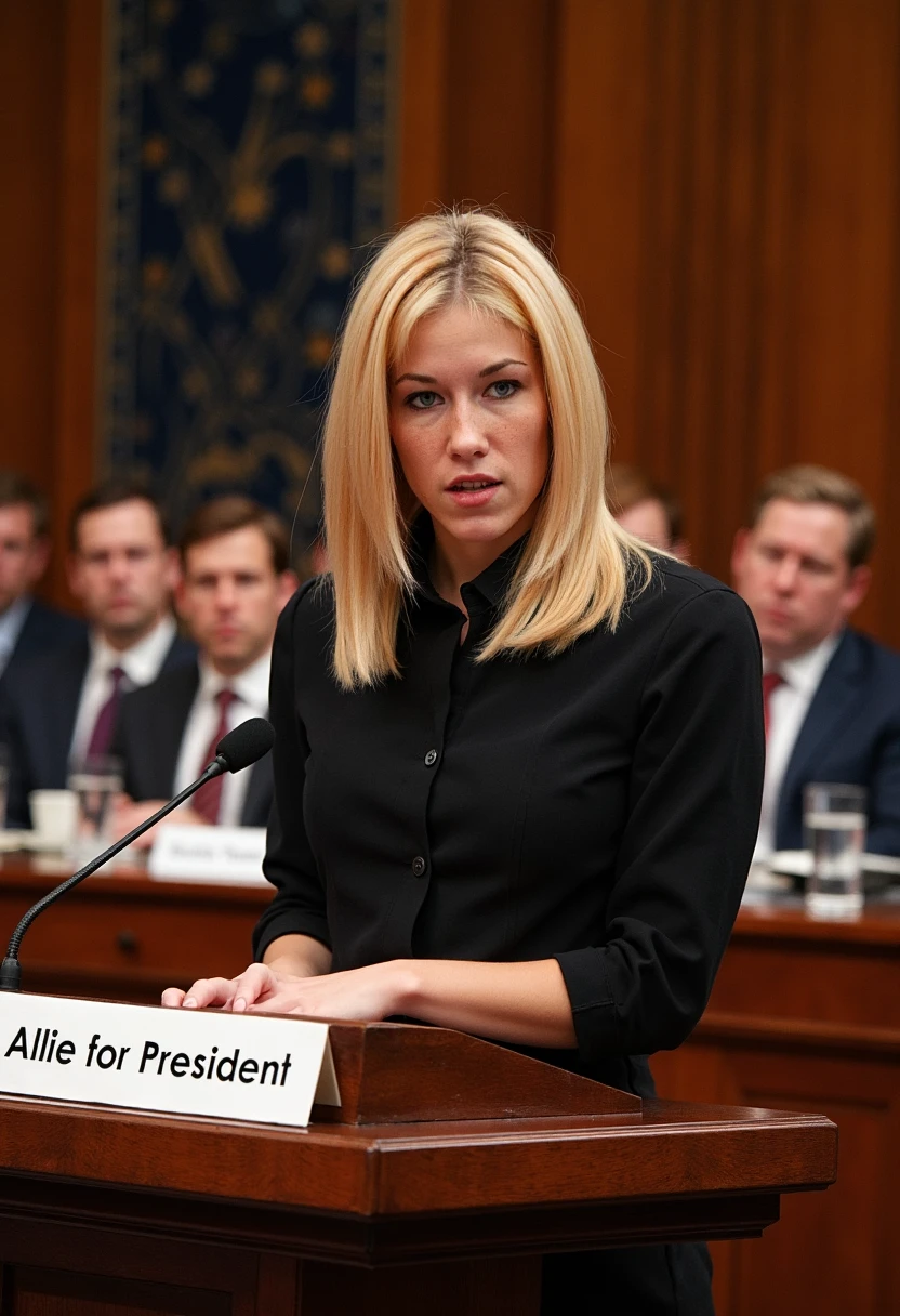 Allie Sin as the first female president of the united states. ginving her acceptance speech in congress. "Allie for President" is written on the podium". shot on a Hasselblad