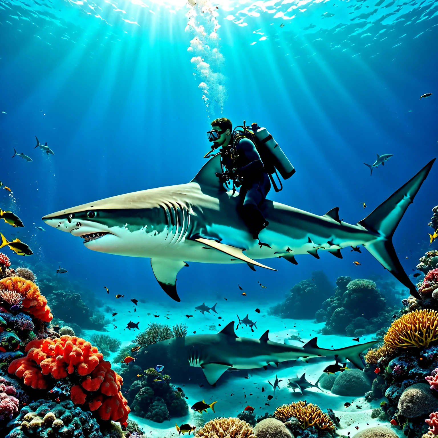 underwater, 1boy, scuba diver, scuba gear, shark, sand, coral, fish, <lora:The_Deep_Dark_Ocean-sdxl:1>, deepdarkocean, best quality, masterpiece, 4k, uncensored, prefect lighting, rating_explicit, very aesthetic, detailed, <lora:add_details_xl:0.6>, very detailed, <lora:SDXLHighDetail_v5:0.6>