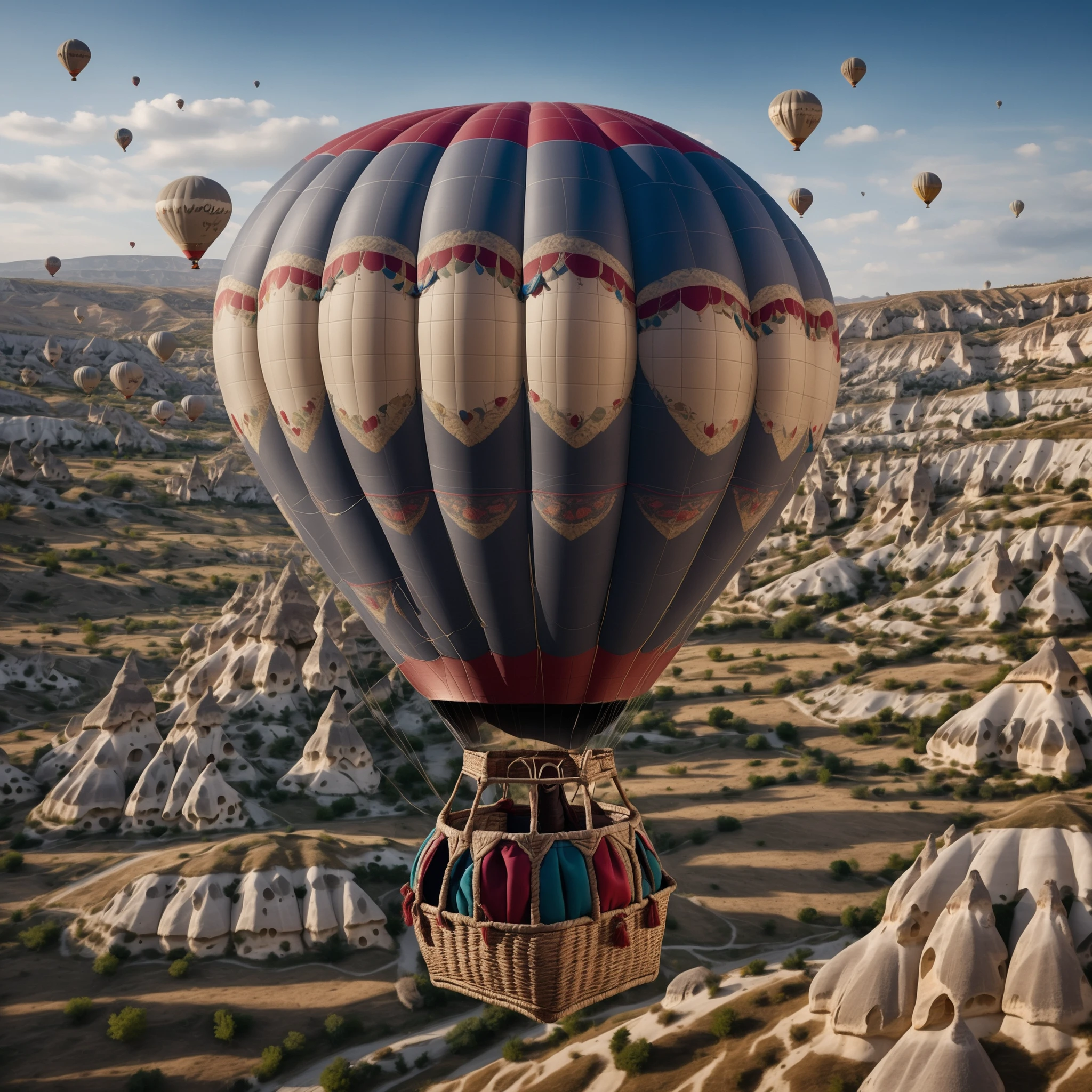 realistic image of a Cappadocia hot air balloon from 2024, with a highly detailed focus on the texture of the fabric, the ropes, and the basket.