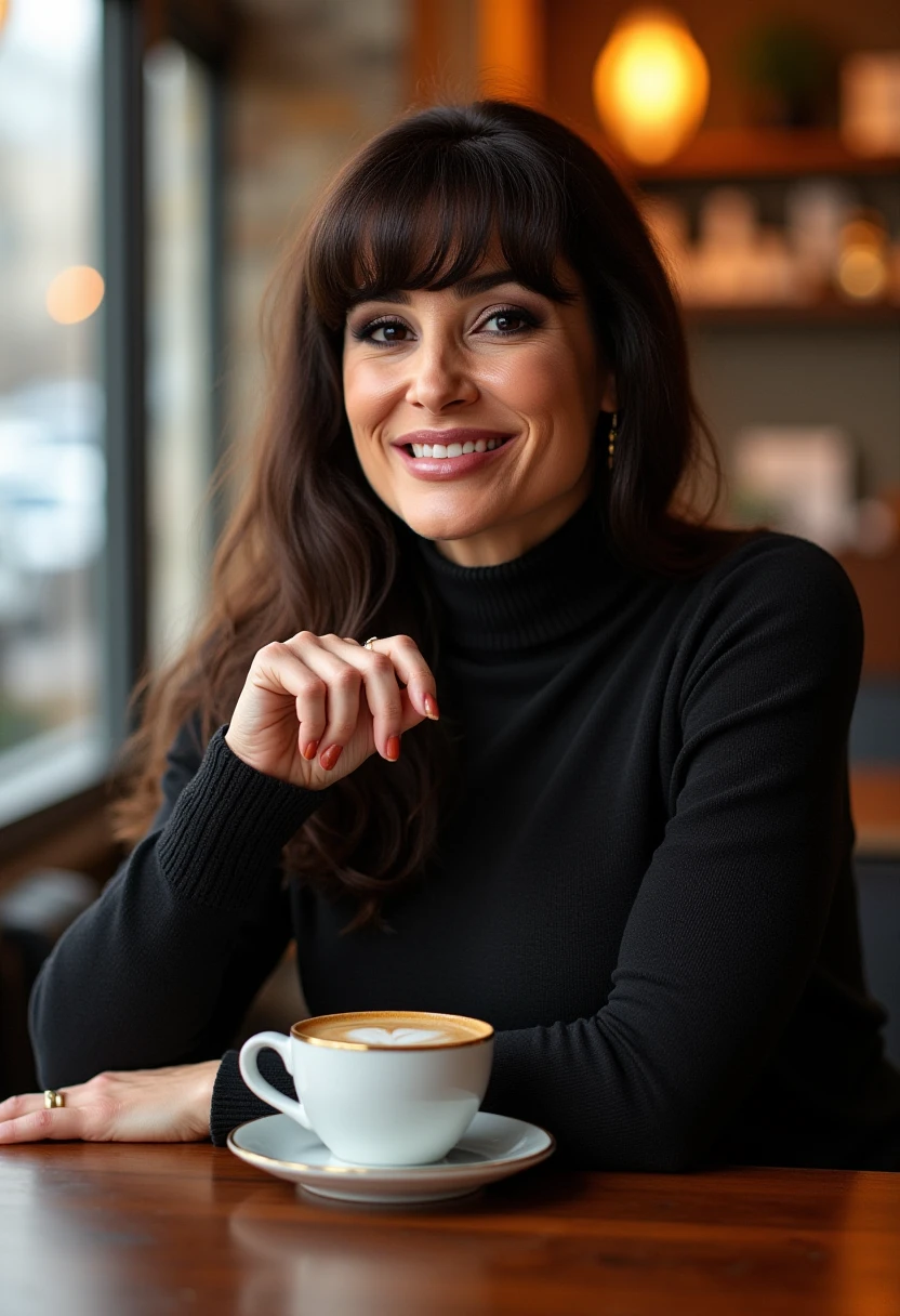 l!$@ann, wearing a turtle neck sweater, large breasts, bangs, long hair, sitting in a cafe drinking an espresso. looking at the viewer smiling, happy