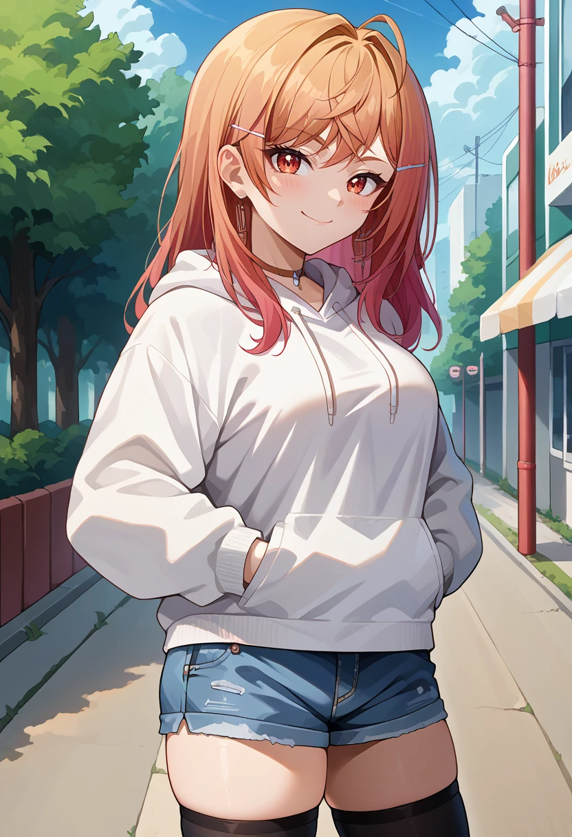 score_9, score_8_up, source_anime, 1girl, solo, IchijouRirika, long hair, hairclip, white hoodie, denim shorts, black thighhighs, skindentation, hands in pockets, outdoors, smile, smug, <lora:ChamIchijouRirikaPonyXL:1>