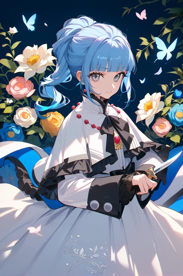 score_9, score_8_up, score_7_up, very aesthetic, source_anime, detailed,
flower background,
cowboy shot, holding knife, looking at viewer, light smile, reverse grip,
<lora:ange_autismConfetti_v02:1>angeBase, blue hair, blunt bangs, ponytail, high ponytail, grey eyes, long hair, 
 long dress, white dress, sleeve cuffs, long sleeves,, zPDXL