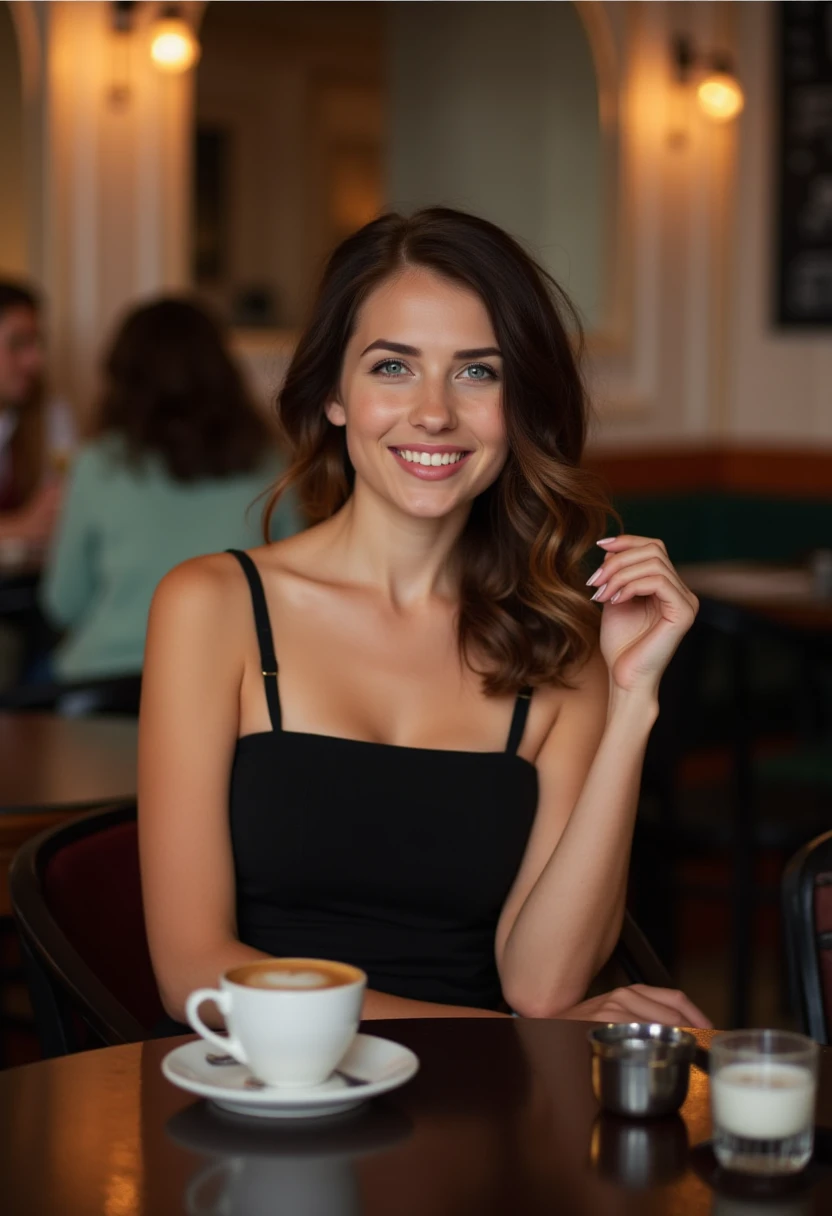 niemira, petite, wearing a black dress, sitting in a cafe drinking an espresso. looking at the viewer smiling, happy