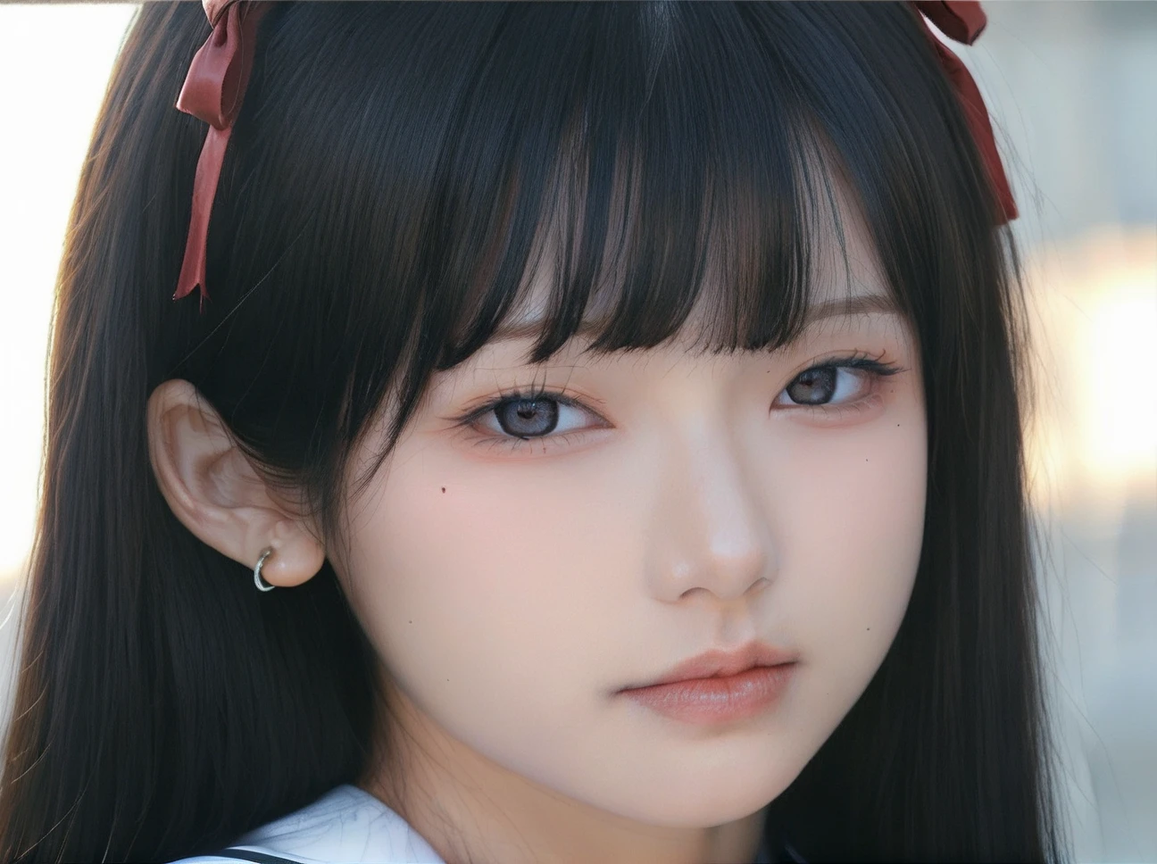 score_9,score_8_up,score_7_up,face03,bright_pupils,black eyes,eyeshadow,long_eyelashes,mole_under_eye,,black sailor suit,1girl,solo,school uniform,realistic,looking at viewer,serafuku,sailor collar,earrings,jewelry,neckerchief,red neckerchief,shirt,closed mouth,<lora:face03_pony:0.9>, master piece, best quality, photo, 1girl, female girl, Japanese girl, hair ribbon, (skirt lifted:1.2), close up, beautiful black hair, beautiful face, beautiful eyes, detailed face,  temptation, side lighting, warm lighting, dramatic, atmospheric, 50mm, F2.8, detailed skin