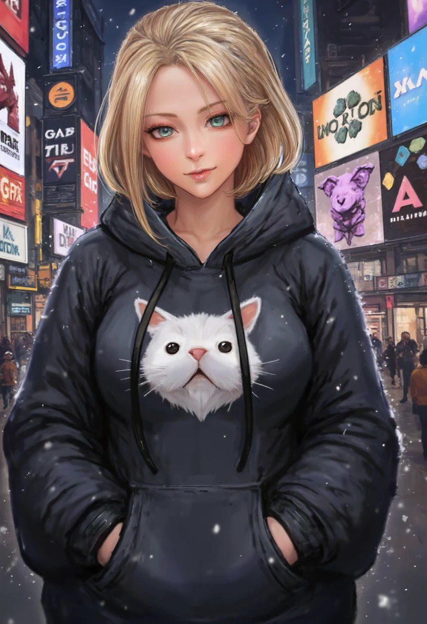 michemashu55 \(Artist\), miche \(Artist\), @michemashu55, 1 woman with short blonde curly hair, black hoodie with a minimalistic cat design on the front, wearing with eyeliner, background is a street view of Newyork times square at night, neon signs in the background, it is snowing