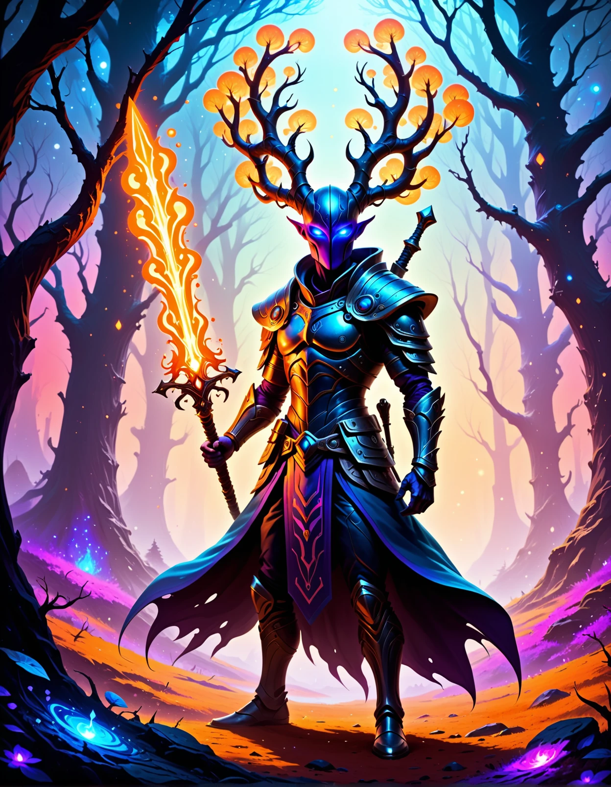 A mysterious and ethereal warrior stands in an otherworldly forest, surrounded by towering, twisted trees that glow with vibrant hues of orange and purple. The figure is dressed in dark, intricate armor with sharp, organic designs, and wields a glowing blue sword that appears to be made of pure energy. The warrior's helmet is smooth and white, with large black eyes and curved horns, giving them an alien and enigmatic appearance. The ground beneath the figure is alive with glowing embers and crystalline formations, adding to the surreal and magical atmosphere. The entire scene is bathed in a mystical light, blending the colors of the environment into a fantastical and dreamlike setting.  <lora:BDetailedv4:1>