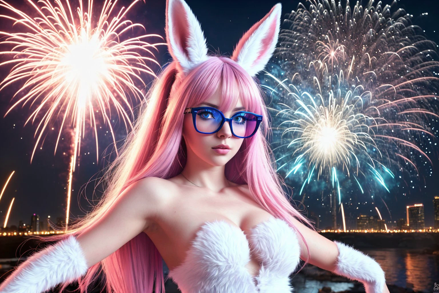 (8k, RAW photo, highest quality, best quality, masterpiece, ultra-detailed, hires, absurdres, sharp focus:1.2), (photorealistic, hyper-realistic:1.37) sexy hare girl, pink glasses, stylish hairstyle, blue eyes, sexy clothes, ((with explosions in the background)) ((furry)), evil,