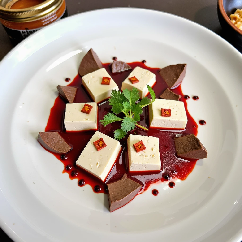 White porcelain plate featuring a circular arrangement. Center holds a quenelle of silky tofu, surrounded by precisely cut cubes of dark red duck blood. Dots of vibrant chili oil and a sprinkle of Sichuan peppercorns adorn the plate. Micro-greens and edible flowers provide color contrast. A small, sleek jar of hot broth on the side for pouring. Gold-rimmed bowl of crispy fried shallots as accompaniment