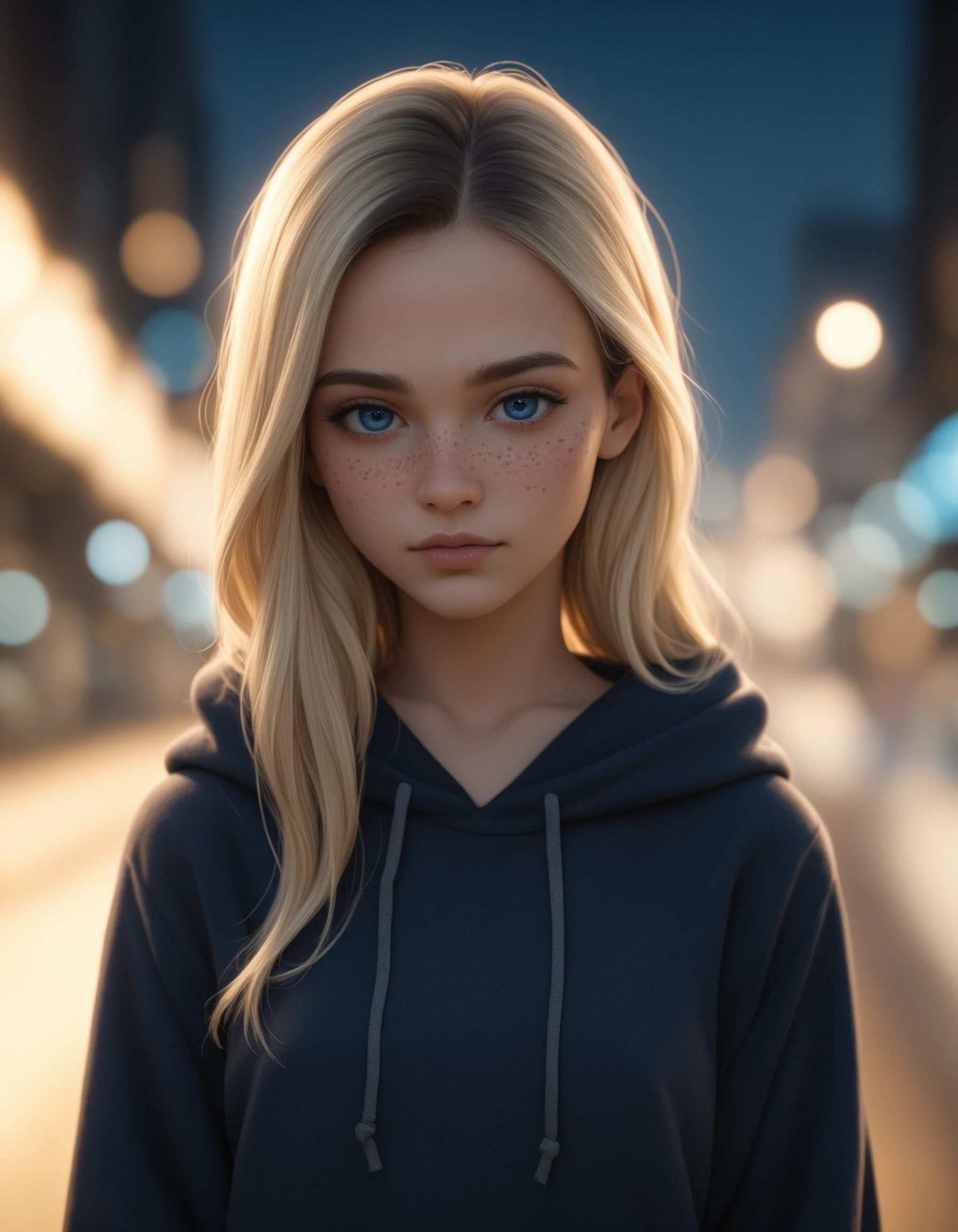 Close-up realistic photography, (Young female with long blonde hair and striking blue eyes:1.3), Symmetrical composition, Centered subject, Expressive face, (Freckles and pensive gaze:1.2), Lightly adorned hoodie, Subtle textures, (Blurred city background:1.3), Warm bokeh lights, Urban environment, (Soft highlights and shadows:1.2), Moody color palette, Blue and gold hues, score_9, score_8_up, score_7_up, score_6_up, score_5_up, score_4_up,