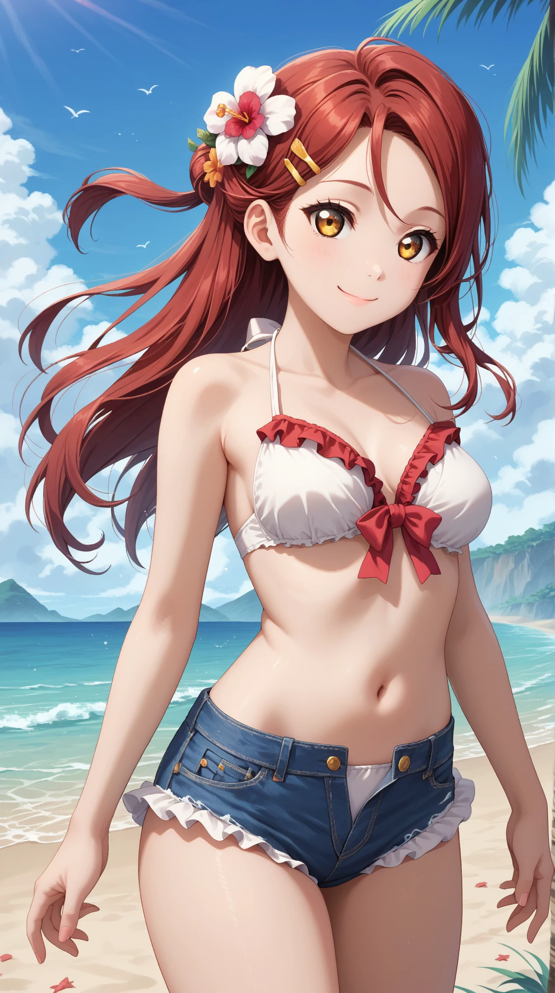 score_9, score_8_up, score_7_up, solo, 1girl, rikosauchi, hair ornament, hairclip, red hair, long hair medium breasts,
white bikini, frilled bikini, frilled sleeves, bare shoulders, hair flower, tied hair, denim shorts, thighs, navel, smile, closed mouth, pose
standing
beach, sky
 <lora:xlponyriko-04:0.7>