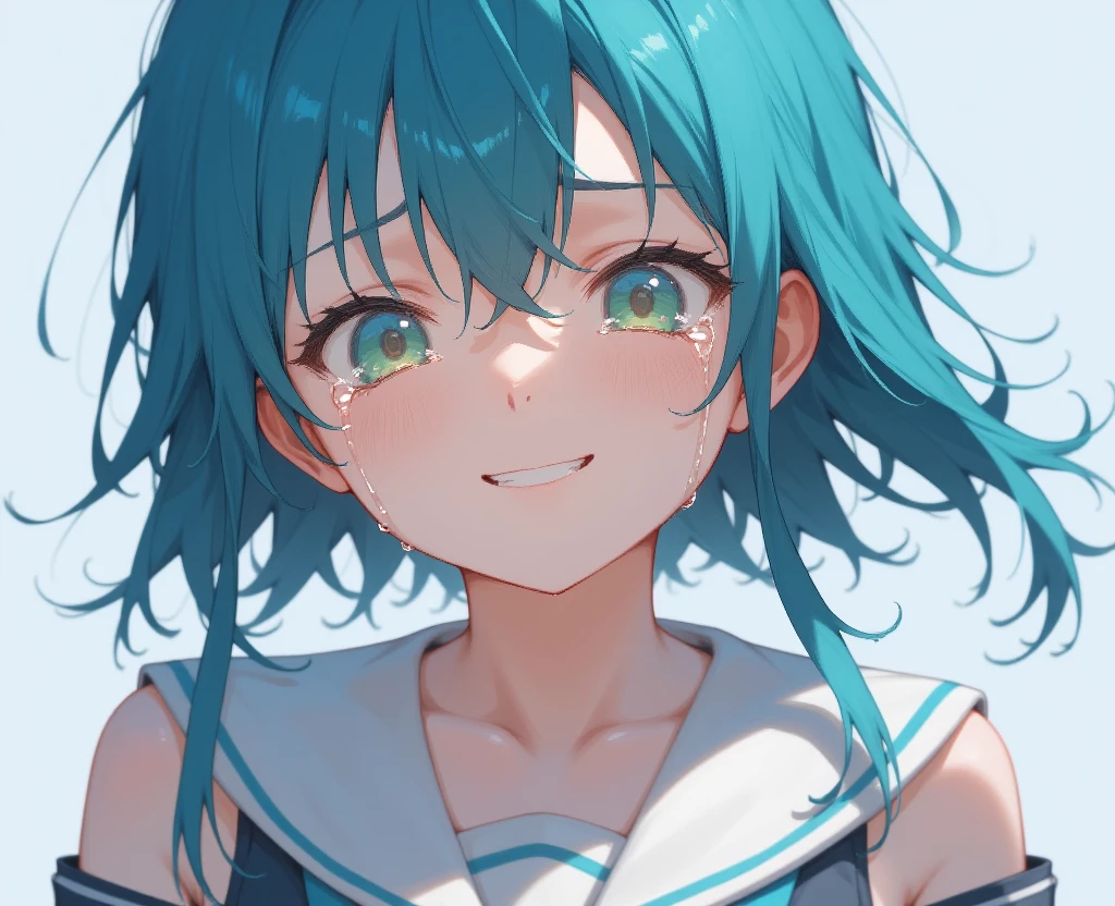 A girl is crying with tears. Drawn in cartoon, Hatsune Miku, She is looking down, smiling. anime style, 
<lora:crying_with_tears_flux_v2.safetensors:1>, 