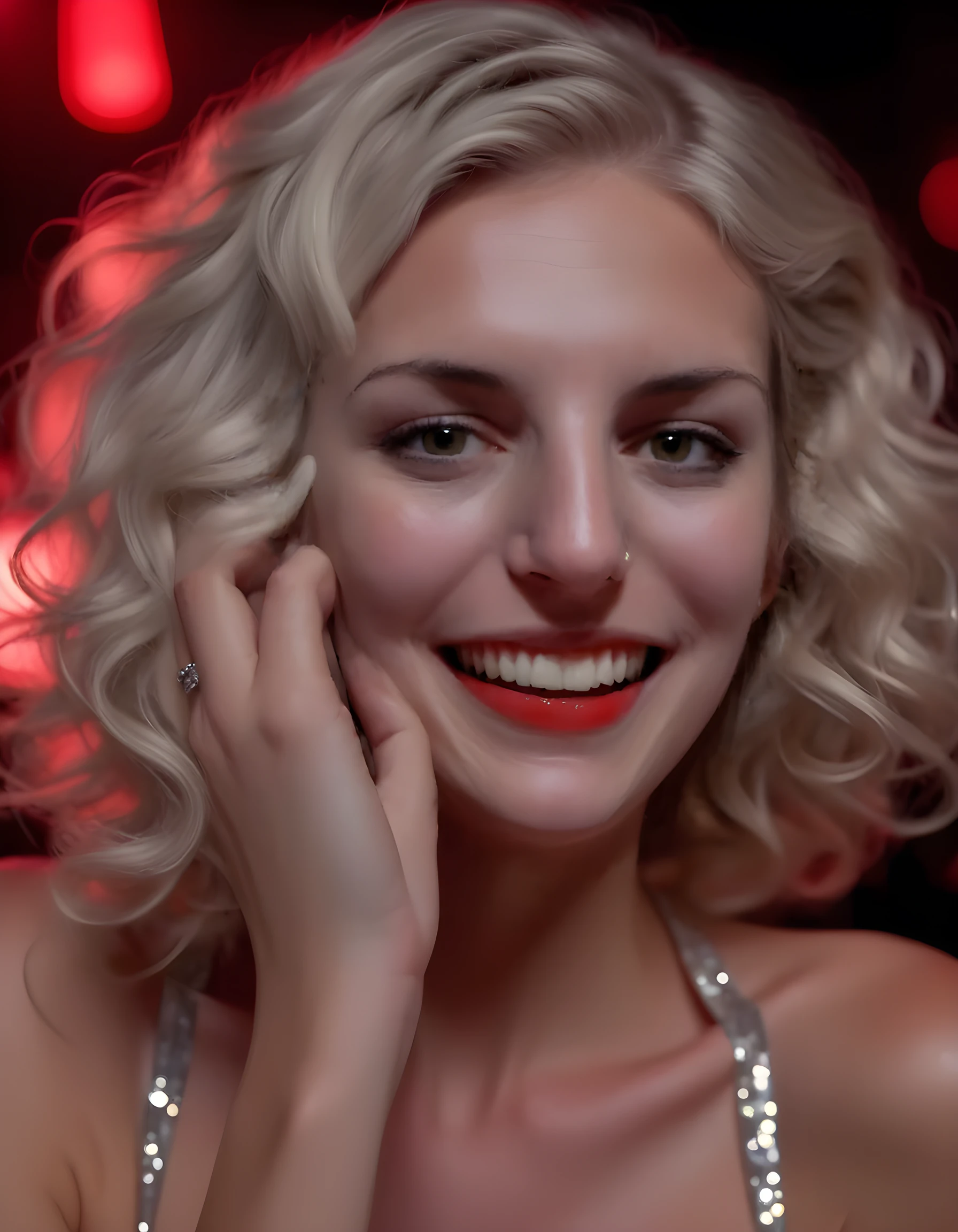 In a high-contrast, noir-inspired setting of dimly lit, smoky jazz club, the camera captures a striking close-up image of AM813B, a woman with platinum blonde hair cascading in loose waves, her vibrant red lips curled into a sultry smile revealing perfectly white teeth. She dons an eye-catching, one-piece sequined dress that shimmers under the spotlight, adorned with intricate silver jewelry that glints off her tanned skin. Her long, elegant fingers gracefully hold a glass of amber liquid, which reflects the warm, amber stage lights. The emotional tone exudes confidence and allure, as she poses with a mysterious, slightly defiant air, looking directly into the camera lens, challenging the viewer with her captivating gaze.