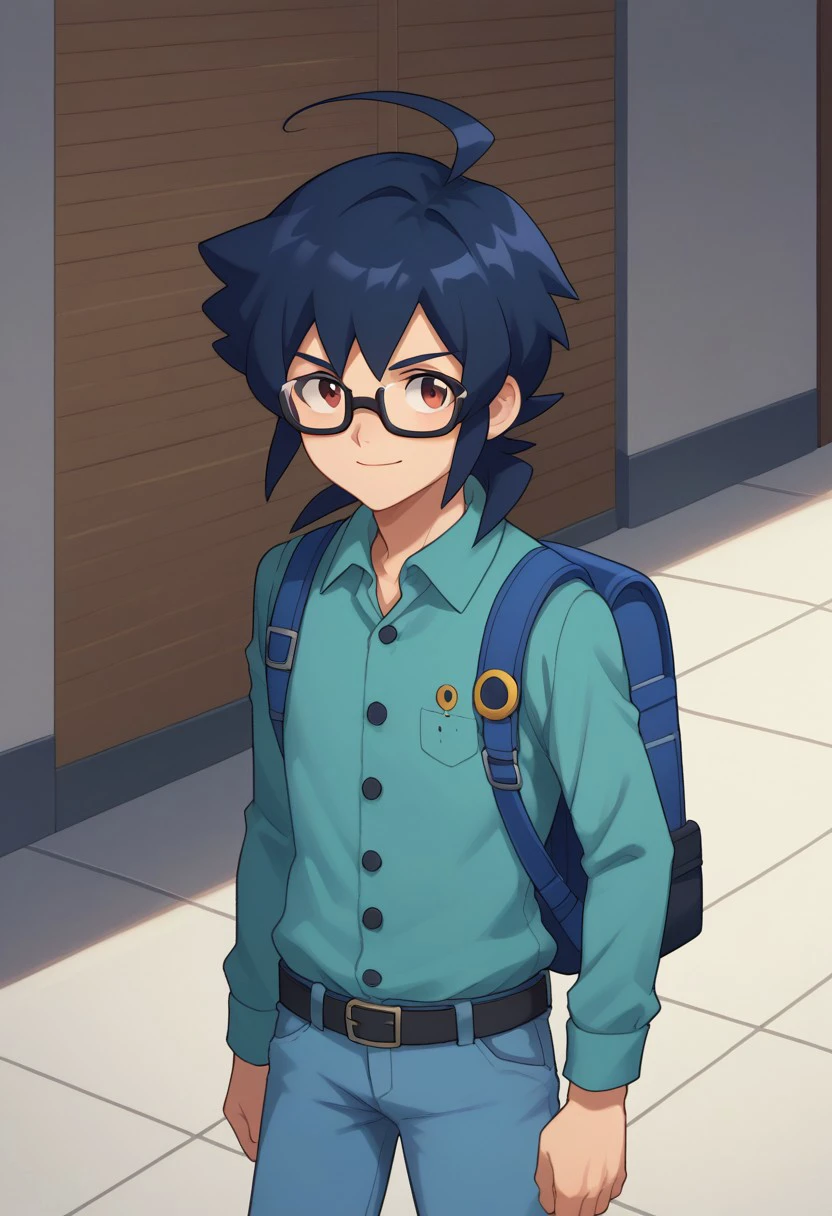 score_9, score_8_up, score_7_up, source_anime, highly detailed,
oozora, backpack, 1boy, male focus, opaque glasses, bag, solo, pants, shirt, glasses, holding strap, blue hair, ahoge, belt, smile, standing, collared shirt, buttons,  closed mouth, blue pants, long sleeves, upper body,
indoor,