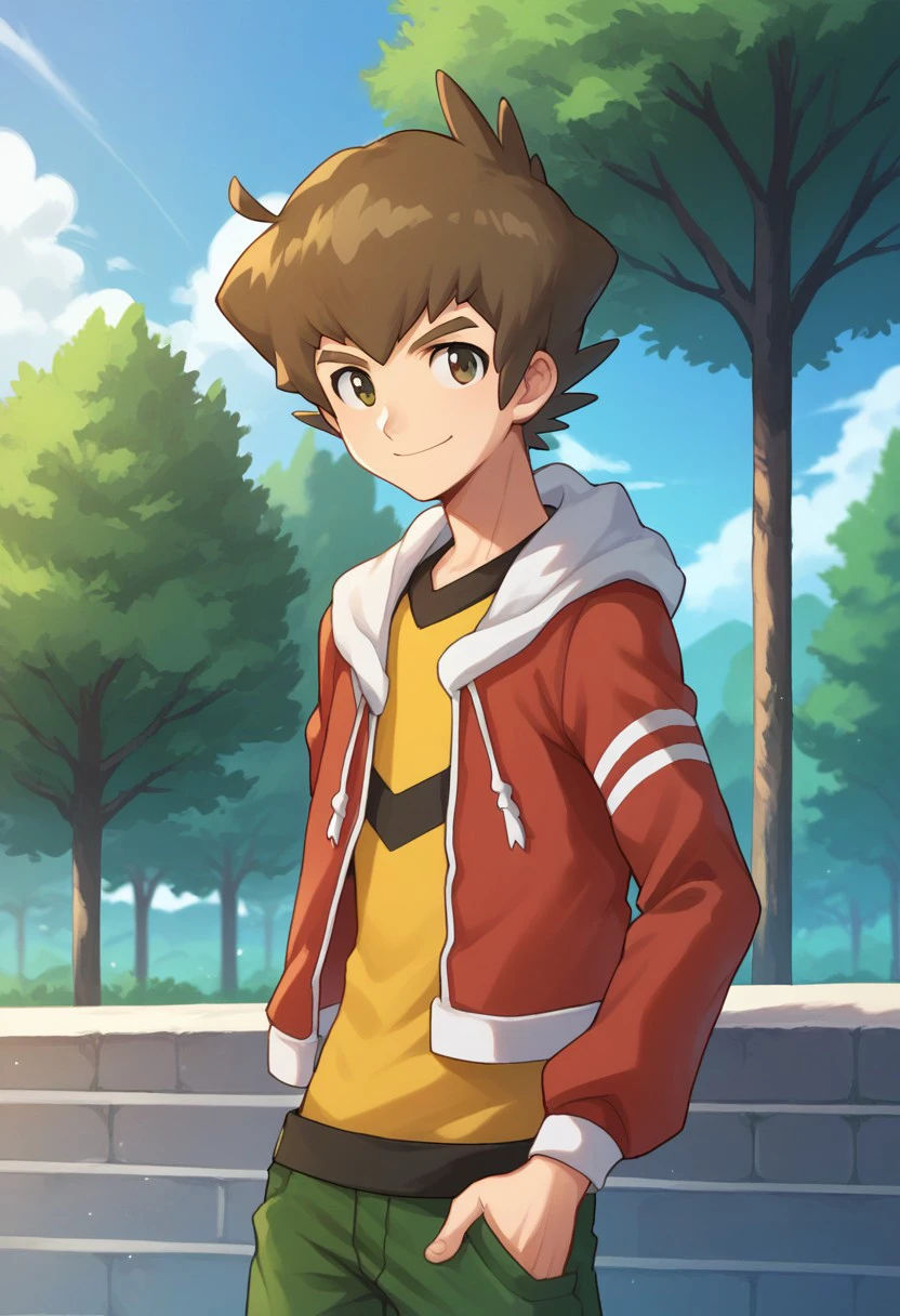 score_9, score_8_up, score_7_up, source_anime, highly detailed,
yamano, 1boy, male focus, solo, brown hair, shorts, smile, green shorts, hoodie, hood, red hoodie, open hoodie, shirt, yellow shirt, looking at viewer, upper body,
outdoor, sky, tree,