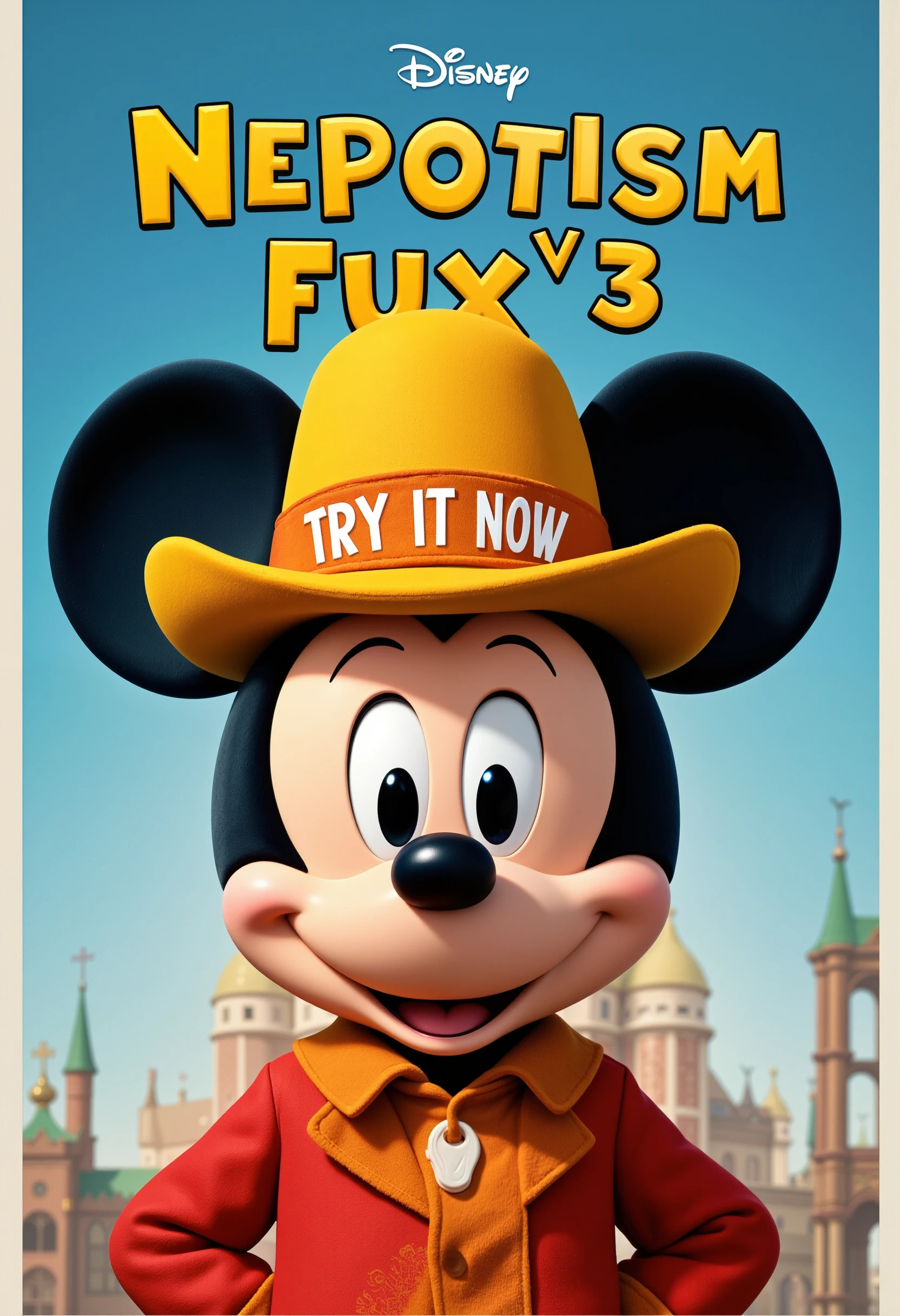 poster, score_9, Micky Mouse wears a funny hat that says "NEPOTISM FUXᵛ³", the title across the middle says "TRY IT NOW",