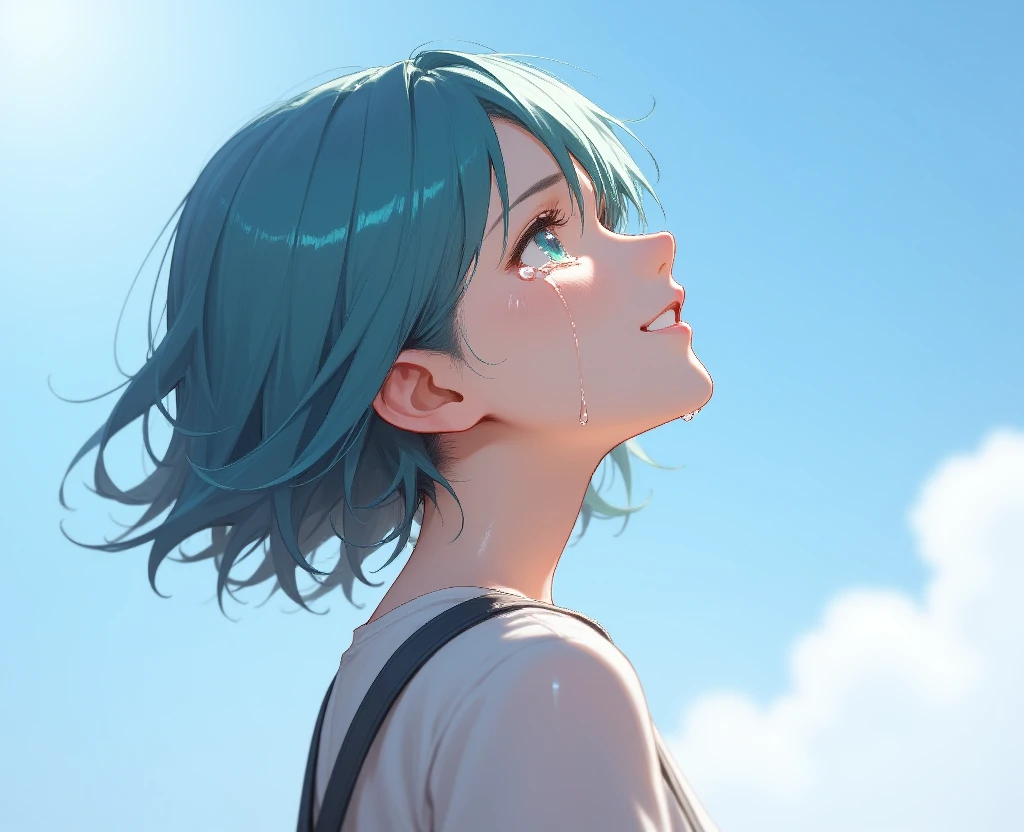 A girl is crying with tears. Drawn in cartoon, Hatsune Miku, She is looking up and smiling, showing her profile. anime style, 
<lora:crying_with_tears_flux_v2.safetensors:1>, 