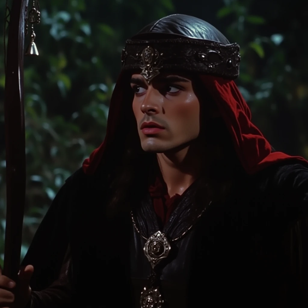 dvd screengrab from a 1980s dark fantasy film, low resolution. A low quality movie screengrab of Robin Hood in a 1980s dark fantasy film, realistic