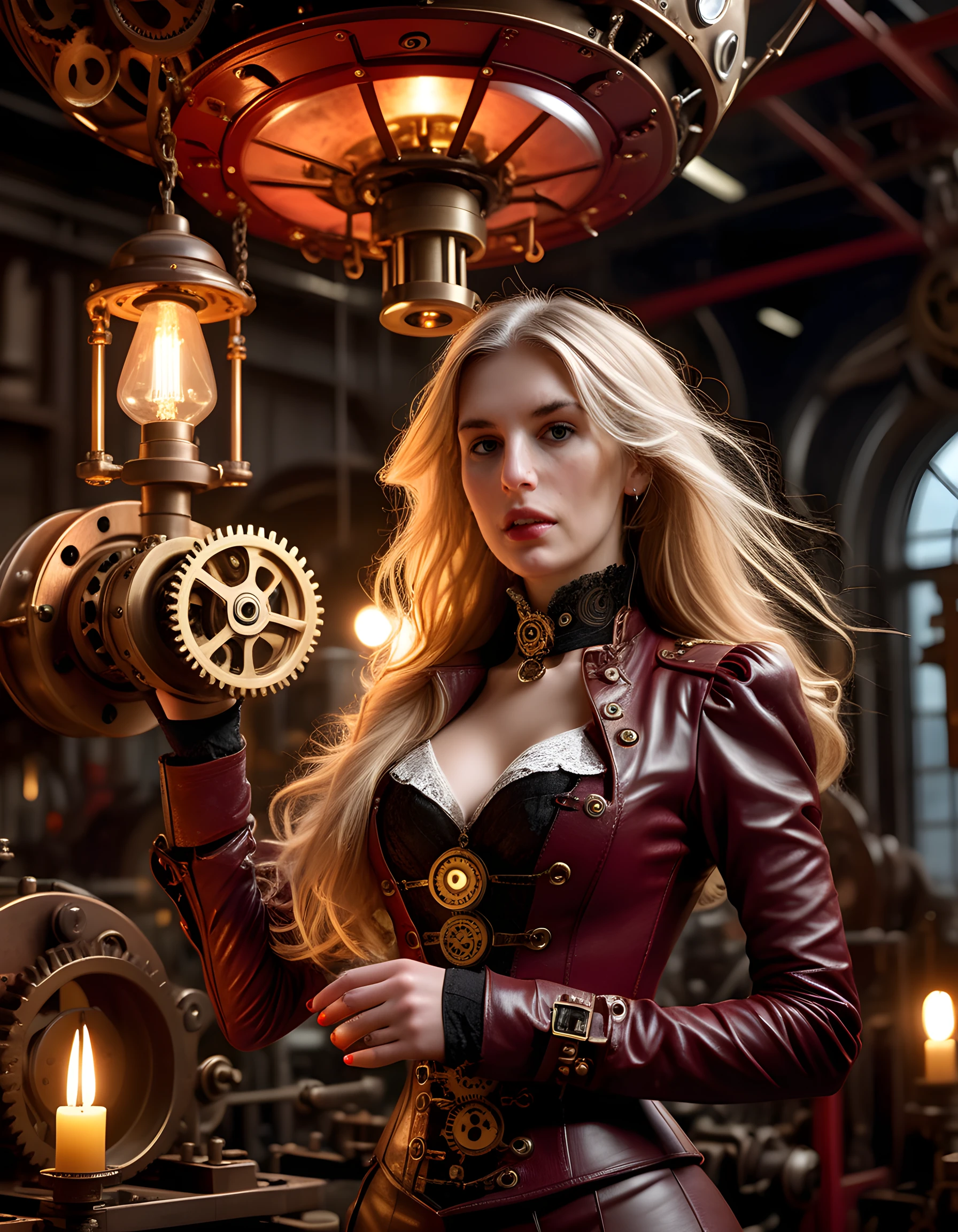 AM813B, In a steampunk-inspired scene, a woman with long, flowing blonde hair cascading over her shoulders, adorned in an intricately designed, brass and leather outfit reminiscent of a Victorian-era airship captain, stands center stage under the soft, warm glow of a gas-lit chandelier. Her gaze is fixed intensely on the viewer, her lips painted a deep crimson red, accentuating the steaming contraption she clutches in her hand. The background reveals a dimly lit, intricate machinery workshop filled with gears and cogs, the clockwork hum of which adds an air of anticipation to the scene, captured from a low angle that emphasizes the woman's striking height and the imposing nature of her attire.