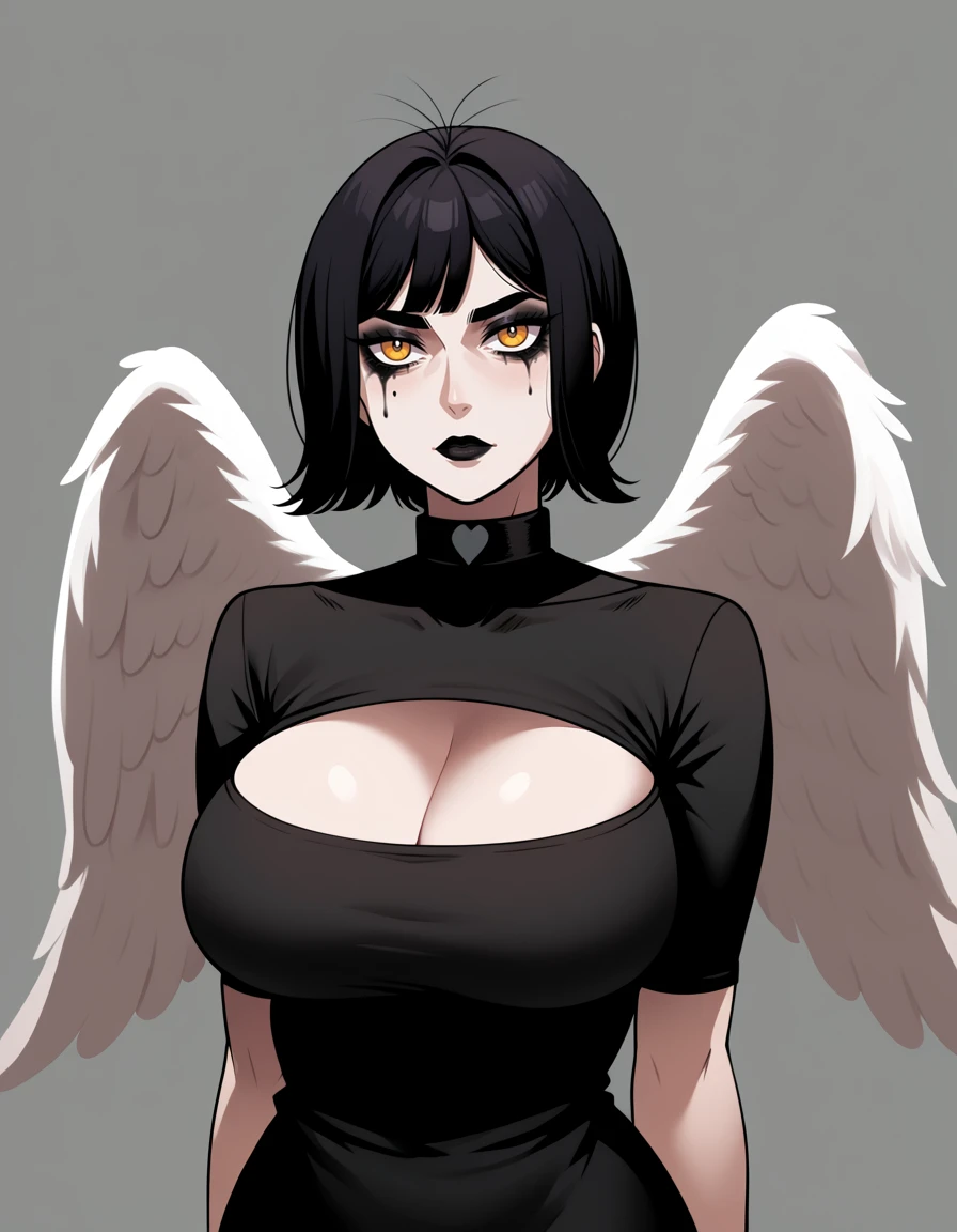 score_9, score_8_up, score_7_up, score_6_up, <lora:mf_ghost-PONY:1>, 1girl, solo, mature mommy, huge cleavage, short black hair, amber eyes, goth makeup, white feathered wings, source_anime,