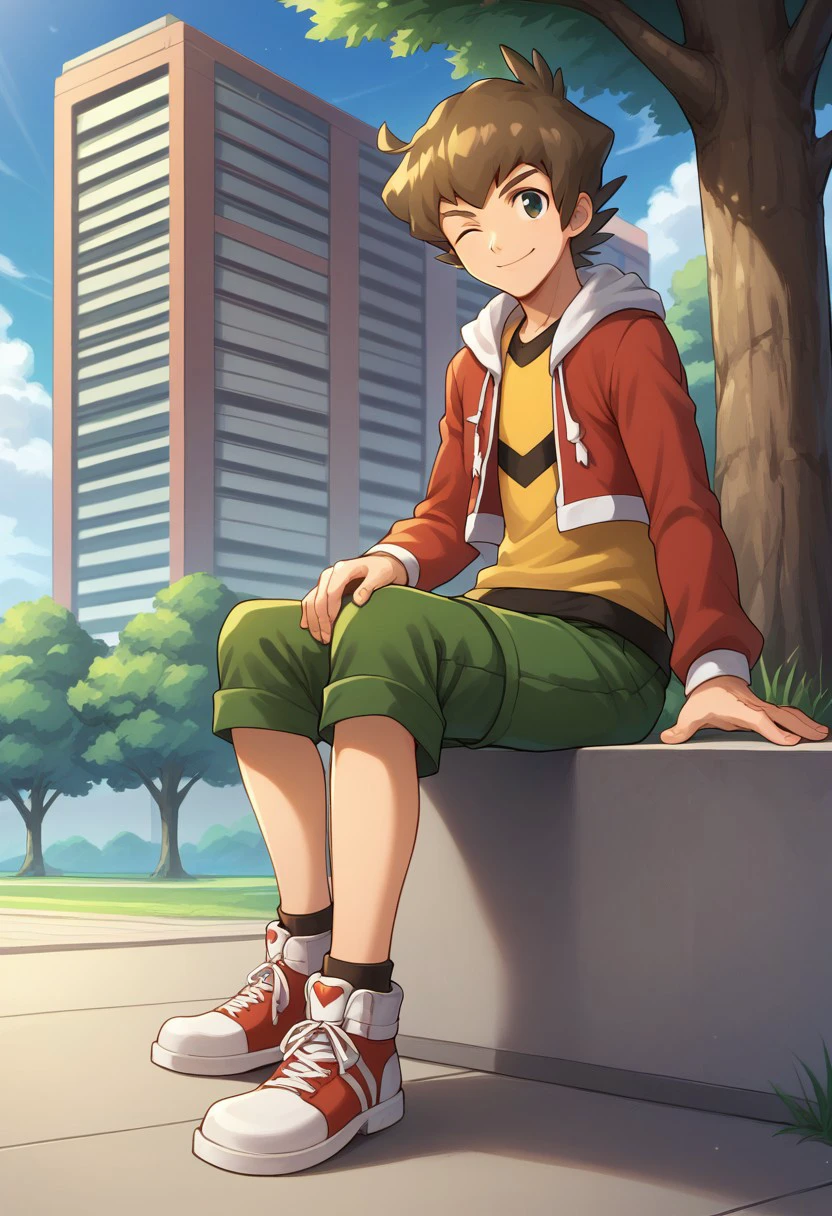 score_9, score_8_up, score_7_up, source_anime, highly detailed,
yamano, 1boy, male focus, solo, brown hair, one eye closed, shorts, smile, green shorts, shoes, hoodie, hood, red hoodie, open hoodie, shirt, yellow shirt, looking at viewer,
outdoor, sky, tree, sit,