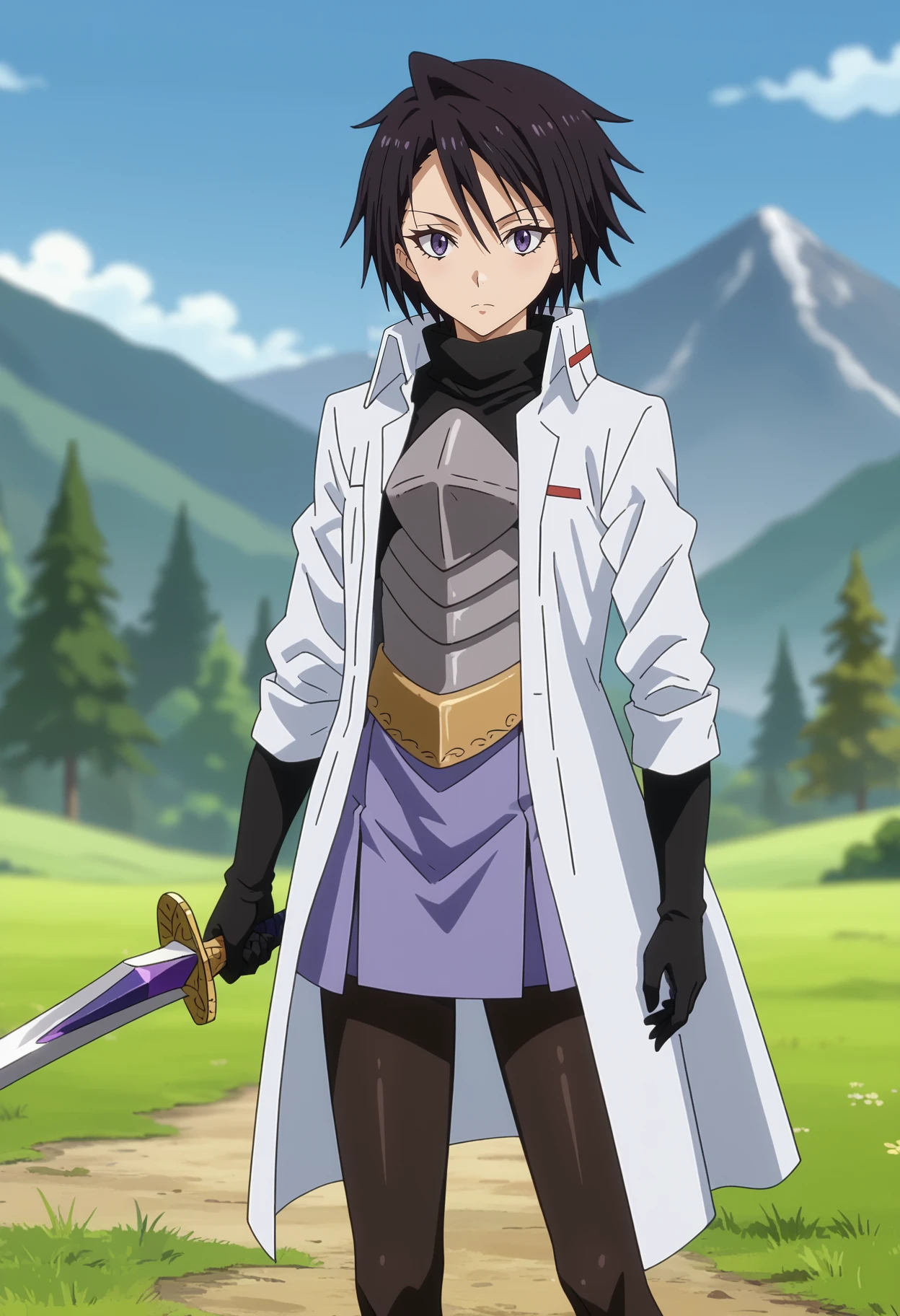 score_7_up, anime screencap,
<lora:TenSura_SakaguchiHinataXL:0.9>, SakaguchiHinata,
1girl, solo, closed mouth,
short hair, black hair, purple eyes,
holding sword,
white coat, turtleneck shirt, black shirt, breastplate, black gloves, belt, purple skirt, black pantyhose,
looking at viewer, cowboy shot, thigh gap,
blurry background, outdoors, mountains, scenery, forest, blue sky