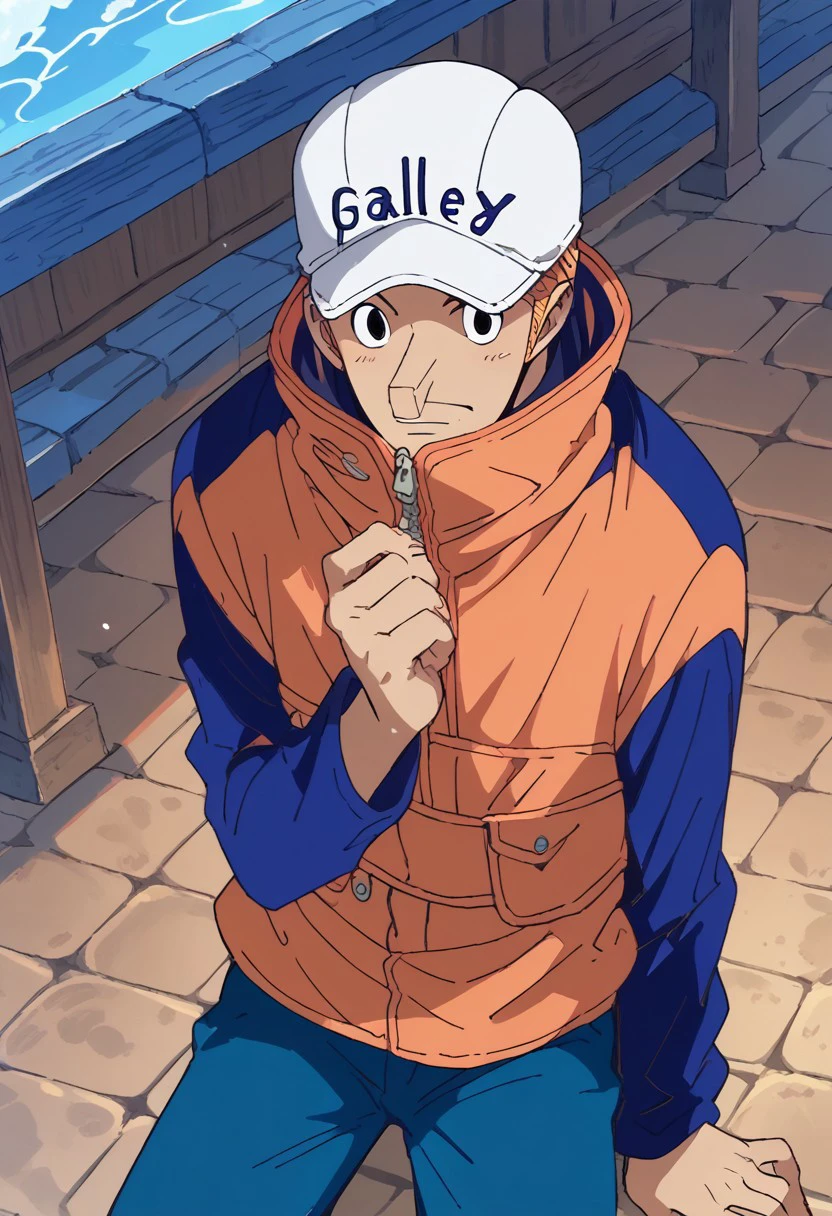 score_9, score_8_up, score_7_up, source_anime, rating_safe, KakuOP, long Kaku nose, black Kaku eyes, blonde Kaku hair, 1boy, male focus, anime screencap, white Kaku cap, orange-blue Kaku jacket, dark blue Kaku pants