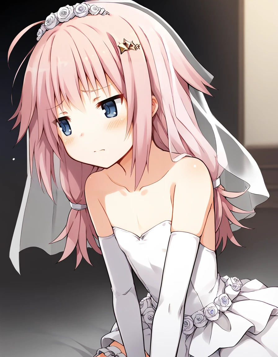 <lora:Azlamcall_SDXL_pony_fp16_ver01d:1>,Azlamcall,1girl,solo,pink hair,blue eyes, star hair ornament,wedding dress, bridal garter, bridal gauntlets, bridal veil, embarrassed, blush,flat chest, looking to the side,pov,, score_9, score_8_up, score_7_up, BREAK source_anime, rating_questionable, best quality, masterpiece, uncensored,<lora:pony_good_hands:1>,good_hands ,[pony diffusion V6 is trained by PurpleSmartAI:100]