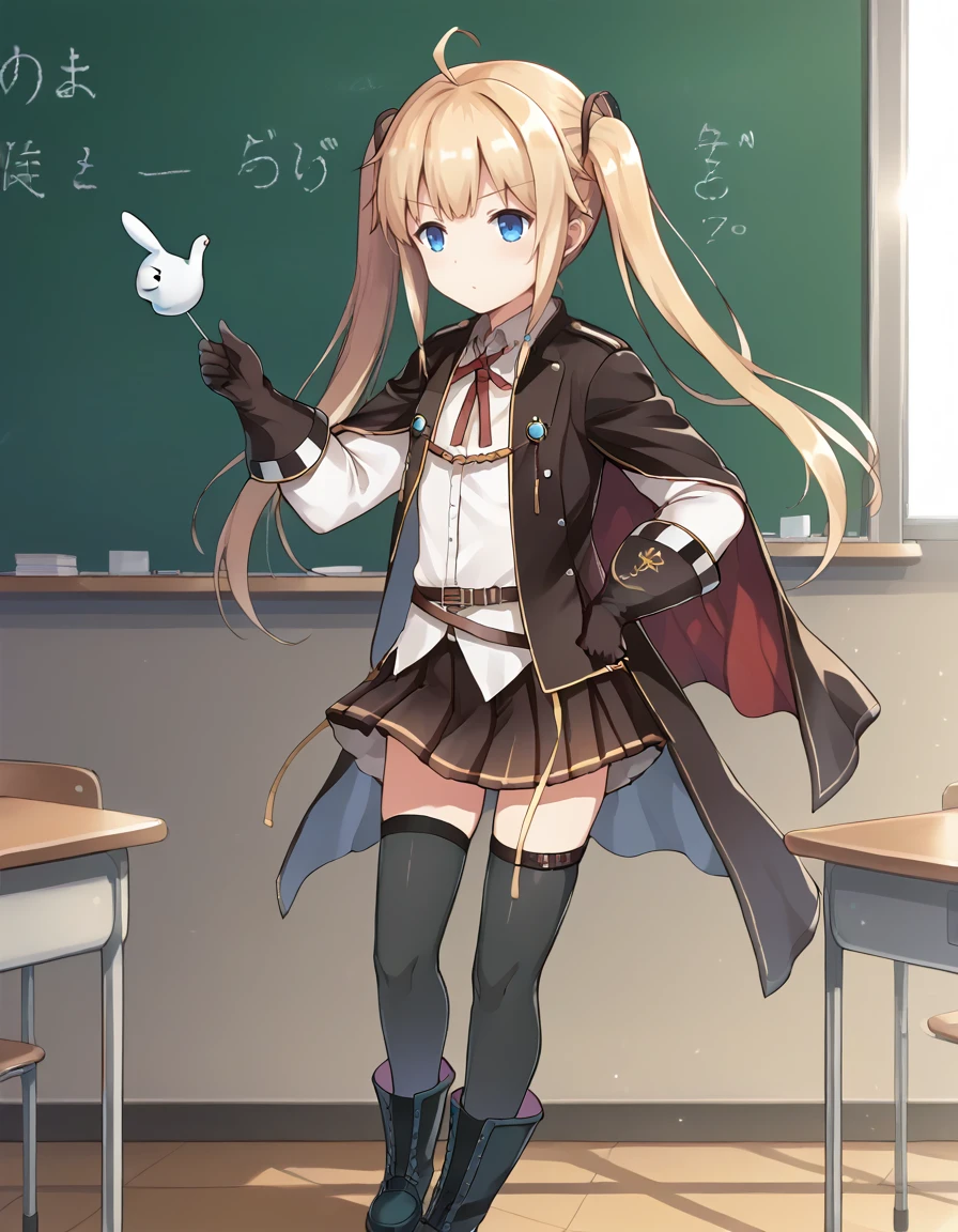 <lora:AzlaAmazon_SDXL_pony_fp16_ver07_168:1>,1girl, blue eyes,blonde hair,ahoge,twintail,pleated skirt,black thighhighs, gloves,shirt,neck ribbon,military uniform,cape,long sleeves,hair ornament,boots,classroom, holding pointer,, score_9, score_8_up, score_7_up, BREAK source_anime, rating_questionable, best quality, masterpiece, uncensored,<lora:pony_good_hands:1>,good_hands ,[pony diffusion V6 is trained by PurpleSmartAI:100]