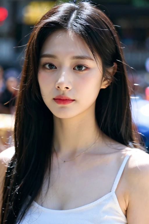 masterpiece, best quality, ultra-detailed, ultra high res, (photorealistic:1.4), raw photo, (realistic:0.2), 8k HDR, realistic lighting, looking at viewer, 1girl, solo, asymmetrical hair, outdoor, (traditional market:1.2), (day), bokeh, (detailed lips), (detailed pores), (detailed skin textures), (detailed face:1.2), (body:1.2), a woman in a sundress, cowboy shot,