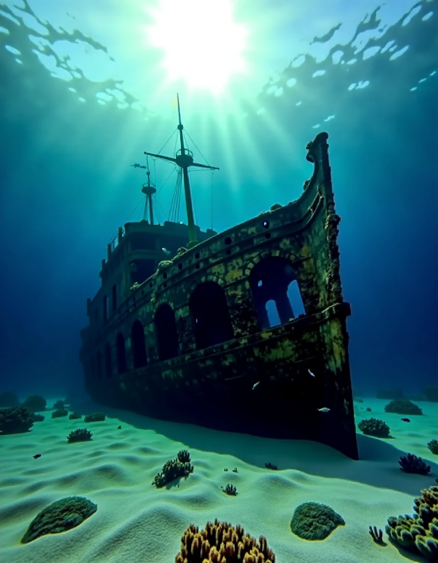 an ancient ruined shipwreck is sitting at the bottom of the seabed, there is sand an coral, there are fish swimming through the shipwreck, <lora:The_Deep_Dark_Ocean-SD1.5PonySDXLFlux:0.5>, deepdarkocean, best quality, masterpiece, 4k, perfect lighting, very aesthetic, detailed, very detailed