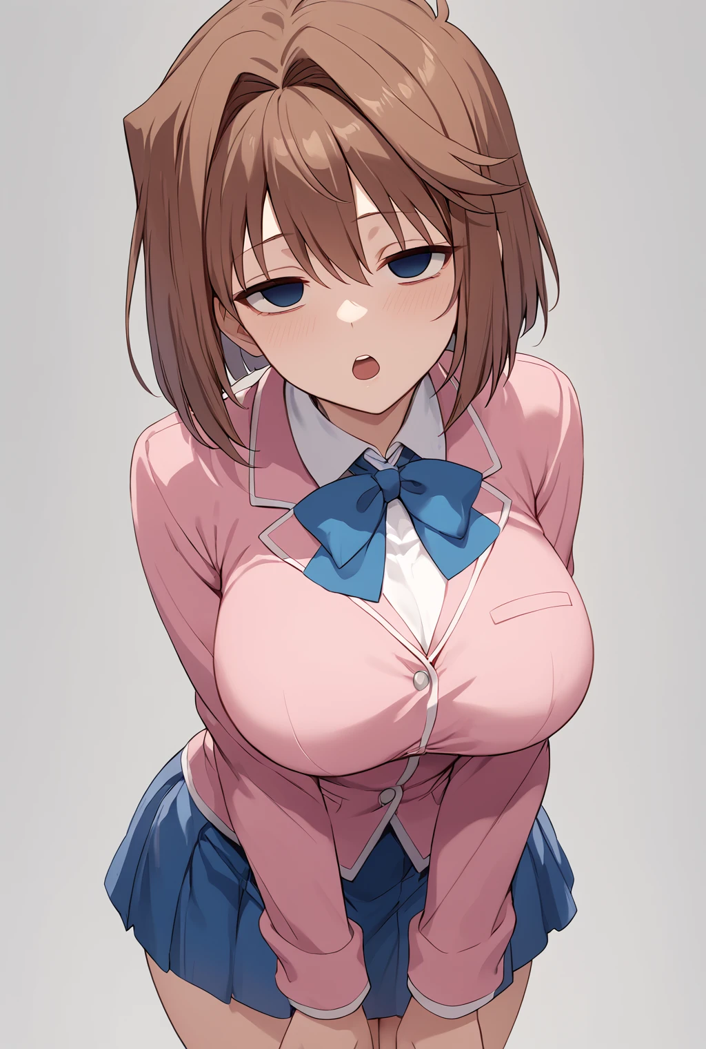 Mazaki Anzu,yu-gi-oh!,brown hair,(antenna hair:1.2),be nervous,blue eyes,blue bowtie, pink jacket, blazer, long sleeves, blue skirt, tight skirt, miniskirt,pleated skirt,8k,beautiful,best quality,detailed,exquisite,extremely detailedfinely detailed,high quality,insanely detailed,masterpiece,ultra detailed,ultra highres,ultra quality,(Huge breasts),(Sweaty:1.2),