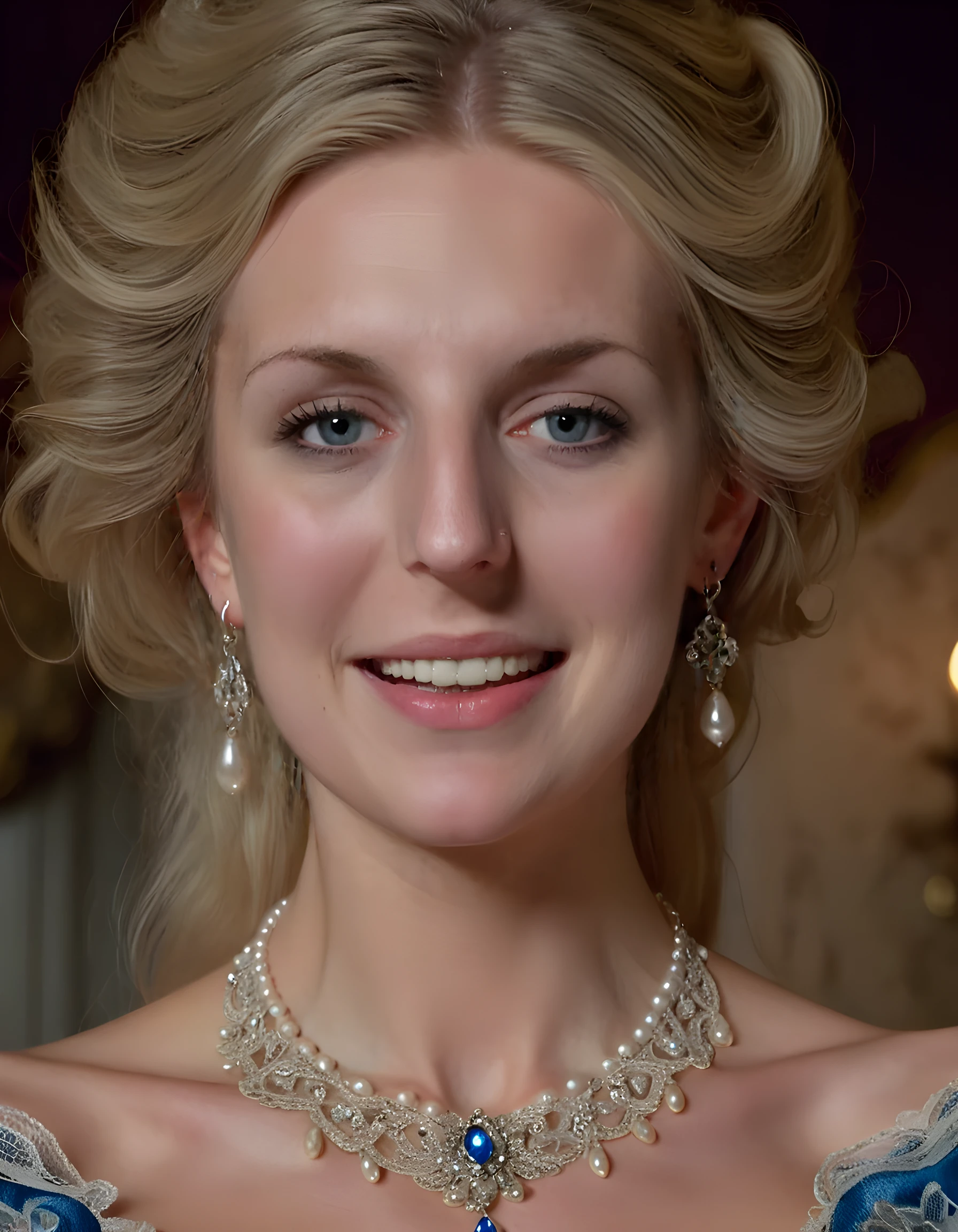 In a dimly lit, opulent Victorian-era parlor, a close-up image captures AM813B, a striking blonde woman with piercing blue eyes and flawless porcelain skin. Her luscious lips are parted slightly to reveal a radiant smile that sparkles with a single pearl stud earring hanging from one ear. She wears an extravagant gown adorned with intricate embroidery and delicate lace, accentuated by a necklace made of precious gems that cascade down her décolletage. The camera angle is low, gazing up at her from the floor, creating an intimate and alluring atmosphere as she boldly locks eyes with the viewer, inviting them into her world of elegance and sophistication.