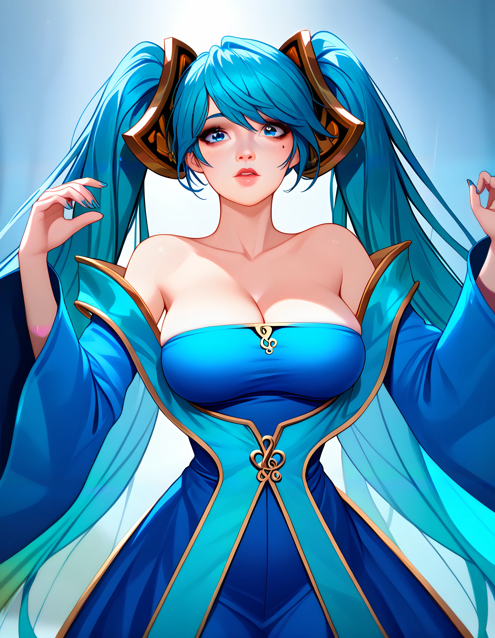 s0na, sona, 1girl, long hair, blue eyes, blue hair, aqua hair, twintails, hair ornament, large breasts, dress, cleavage, bare shoulders, collarbone, detached sleeves, blue dress, nail polish, blue nails, score_9, score_8, score_7, source_anime, zPDXL, <lora:arcan3styl3v1PonySDXL:0.35>, arcan3styl3v1, <lora:4rc4n3XLP:0.51>, 4rc4n3, <lora:Sona_Default_Pony_v1:0.85>, arms up, dramatic light