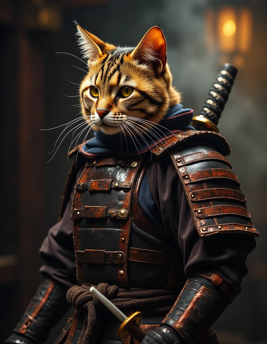 <lora:cinematic:1>,cinematic portrait of a cat in samurai armor with katana,