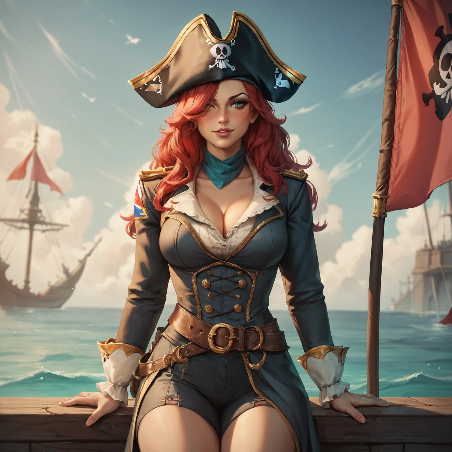 1girl, pirate, red hair, pirate flag, <lora:The_Deep_Dark_Ocean-SD1.5PonySDXLFlux:0.5>, deepdarkocean, BREAK score_9, score_8_up, score_7_up, best quality, masterpiece, 4k, prefect lighting, very aesthetic, zPDXL2