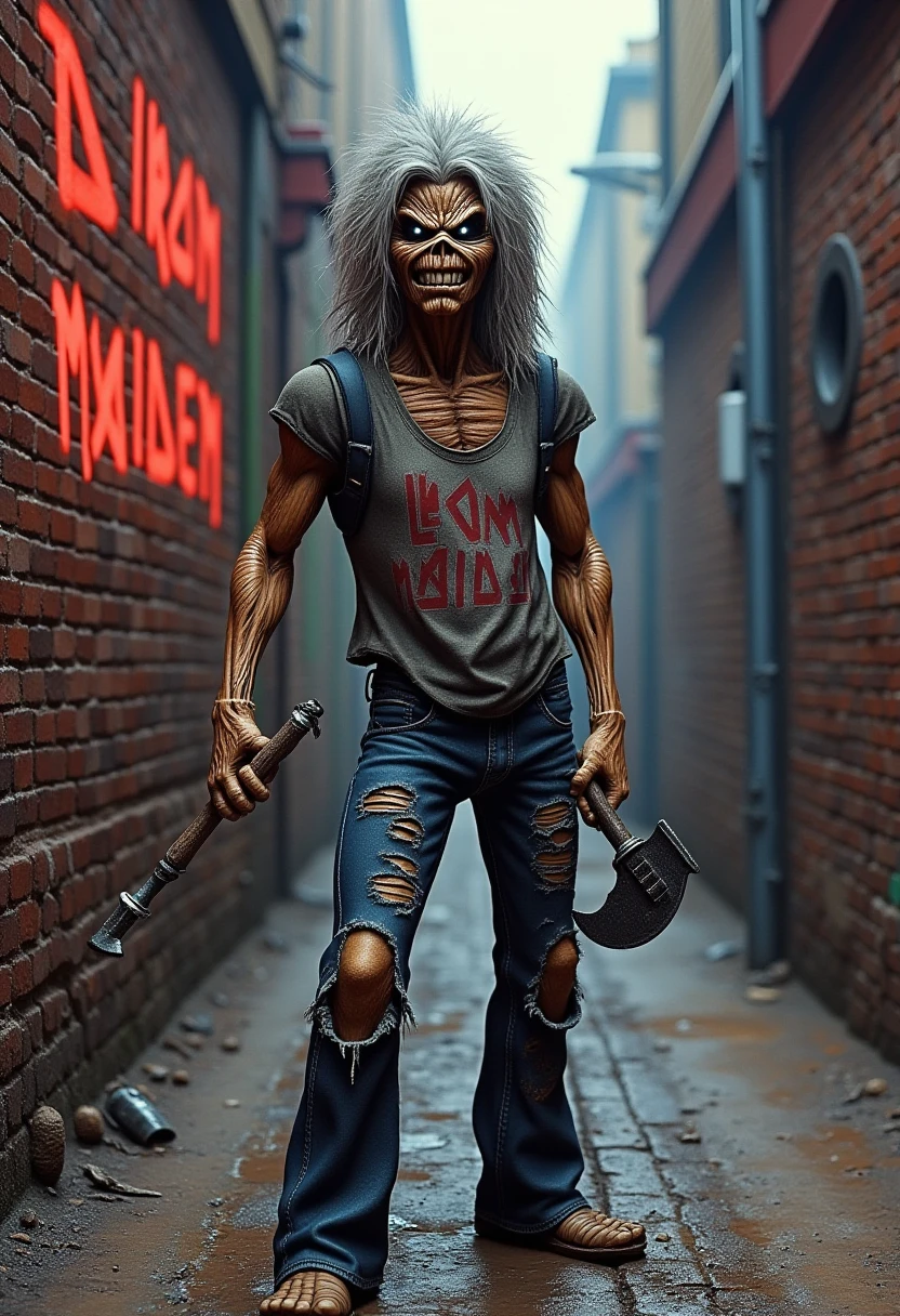 old, traditional media, Eddie, dressed in ripped dirty jeans and t-shirt. Holding an axe. Wild grey hair. Crazy smile. In A back alley "Iron Maiden" spray painted on a brick wall