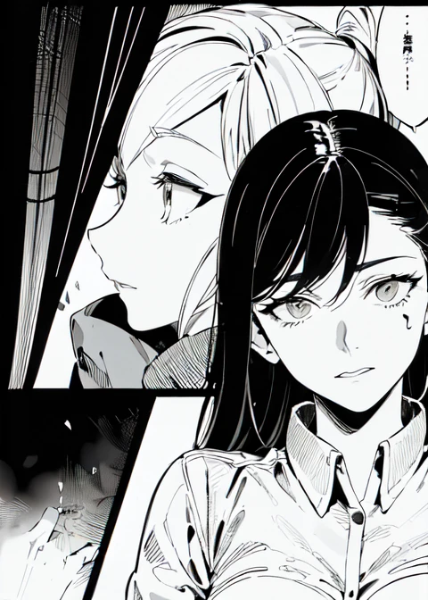 masterpiece,comic,((manga)),((black and white)),white background,lines,((line art)),((monochrome)), ((greyscale)), high contrast, ( 2girls) ,facing another,<lora:Manga:0.9>