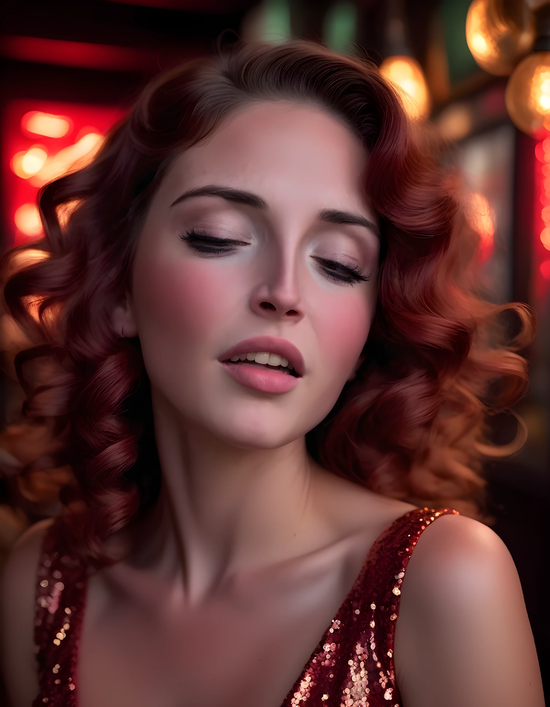 Z03N3L1, In a gritty, noir-style setting reminiscent of 1940s New York City, a stunning woman with long, curly brown hair cascading down her shoulders, adorned in a vibrant red and gold sequin dress that sparkles under the dim, smoky neon lights of a speakeasy, poses with her head slightly tilted to one side, her green eyes closed in deep thought. Her lips are parted, revealing a perfect set of white teeth, and she wears intricate silver jewelry that catches the light and adds an air of mystery to her enigmatic demeanor, all captured in a dramatic close-up by a low-angle shot, the focus sharp on her face while the background is blurred into a haze of shadows and laughter.