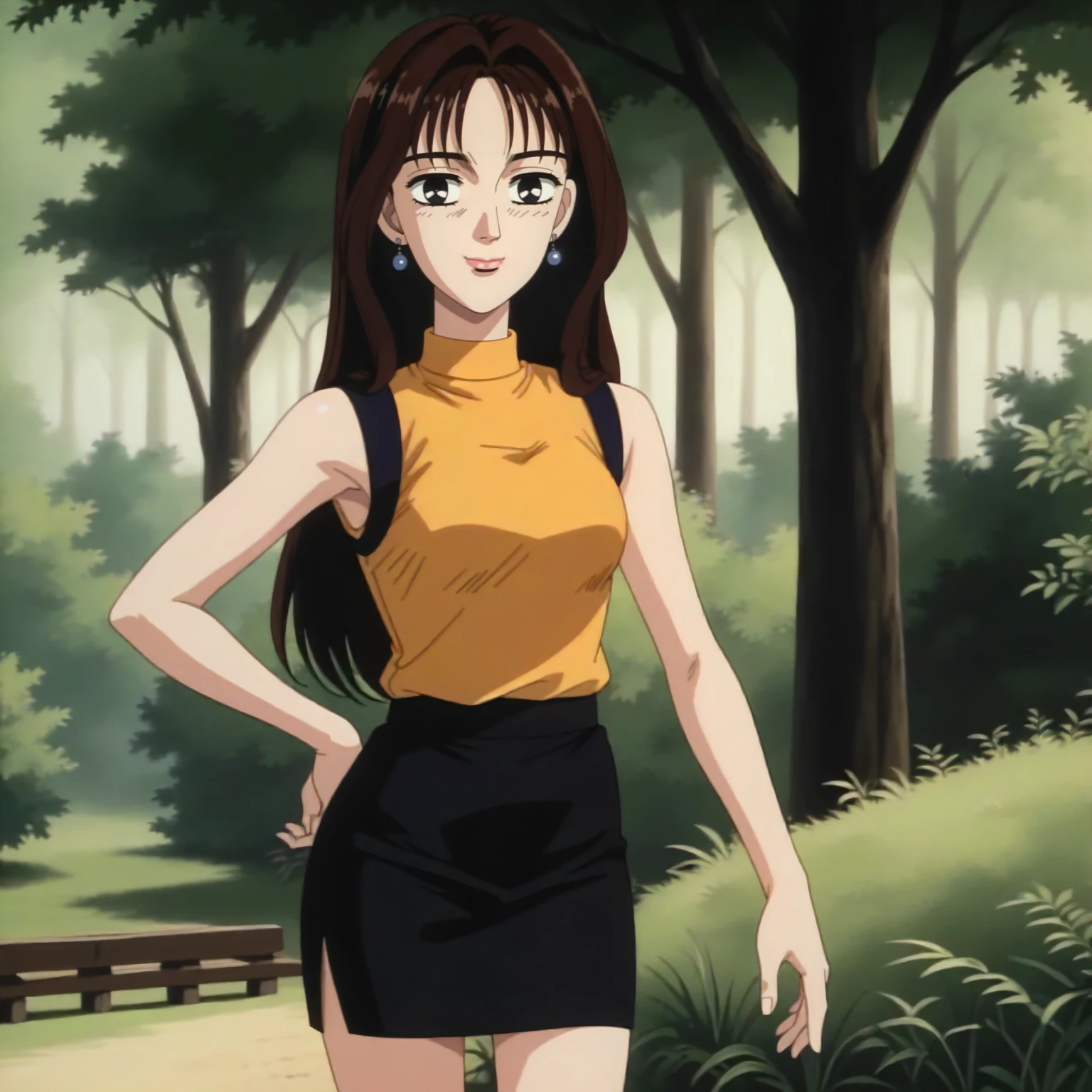 <lora:ID_MakoSatoXLpony001>,
outdoors,nature,
looking at viewer,smile,
solo,
MakoSato,1girl,brown hair,long hair,black eyes,
earrings,
yellow shirt,turtleneck,sleeveless,
pencil_skirt,black skirt,
standing,