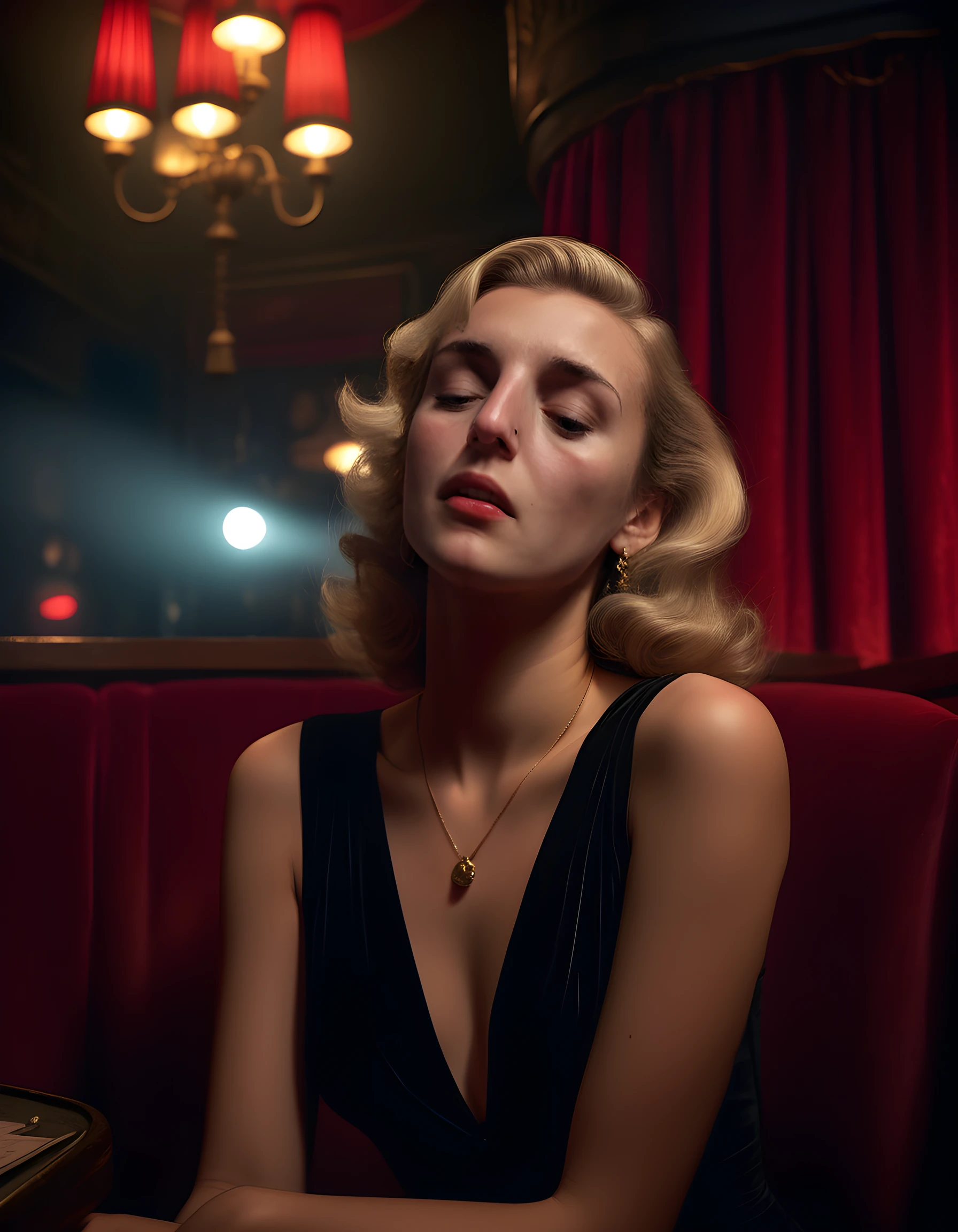 In a gritty, noir-inspired setting of a dimly lit, smoke-filled jazz club in 1940s New York City, the camera captures AM813B, a striking blonde woman with a distinctive mole above her upper lip, from a low angle. She is elegantly posed, leaning back against a red velvet booth, her eyes closed as if lost in the soulful melodies emanating from the nearby stage. Her outfit, a sleek black dress adorned with intricate gold jewelry, sparkles under the soft, yellowish light of a single hanging lamp, casting long shadows that accentuate her hourglass figure and create a sense of mystery and allure. The background is filled with the hustle and bustle of the club, with a smoky atmosphere and the silhouettes of other patrons in the distance. The overall emotional tone of the image is one of serenity and contemplation amidst the chaos and glamour of the city.