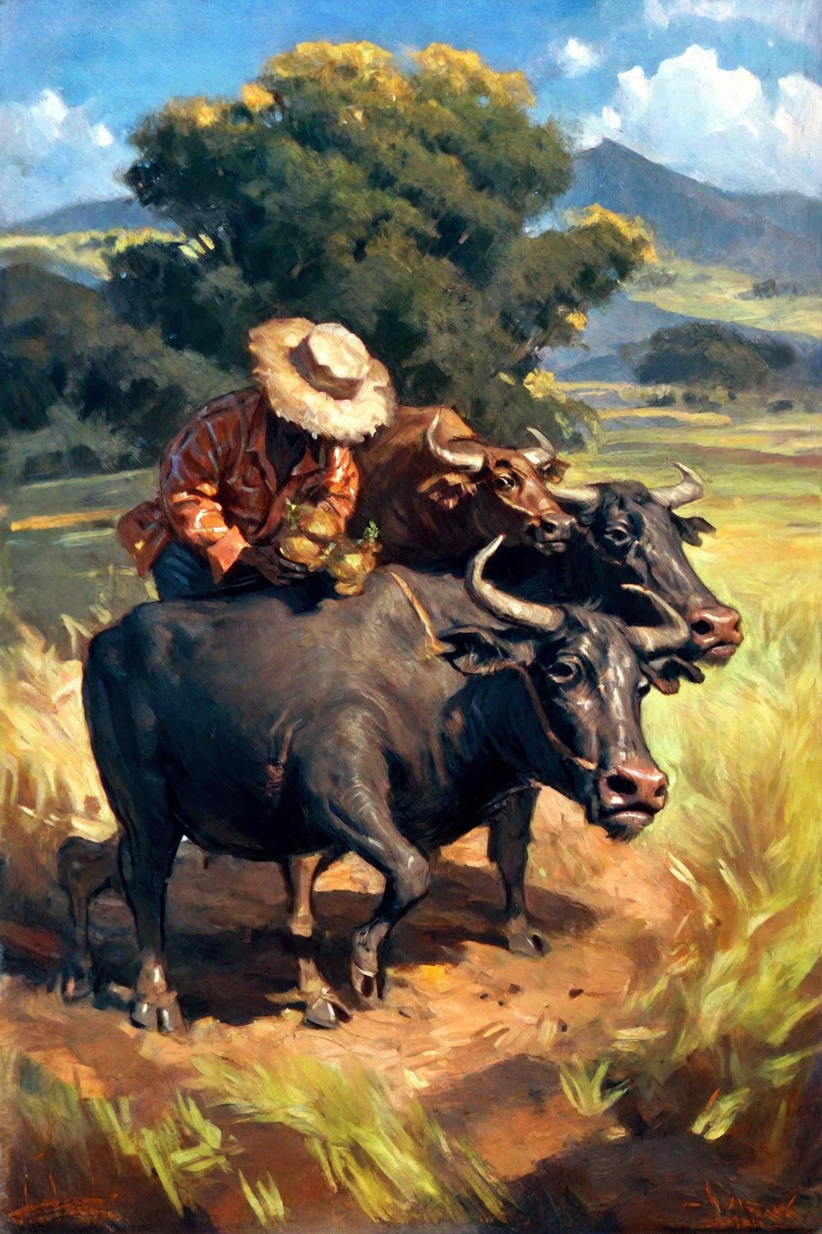 <lora:basuki-abdullah_pony_v1:1> ' farmer ' by Abdullah Basuki in 1952, animal painting \(genre\), impressionism \(style\), realism \(style\), landscape \(genre\),  a man herding cows,, score_9, score_6_up, score_7_up