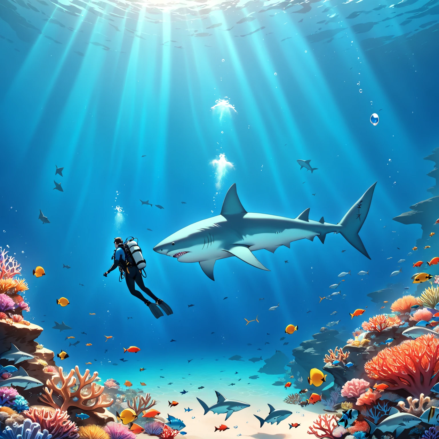 underwater, 1boy, scuba diver, scuba gear, shark, sand, coral, fish, <lora:The_Deep_Dark_Ocean-sdxl:1>, deepdarkocean, best quality, masterpiece, 4k, uncensored, prefect lighting, rating_explicit, very aesthetic, detailed, <lora:add_details_xl:0.6>, very detailed, <lora:SDXLHighDetail_v5:0.6>