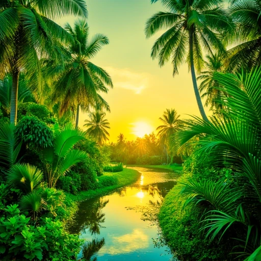 green theme, day, palm tree, scenery, jungle, traditional media, reflection, tree, sun, outdoors, nature, sunset